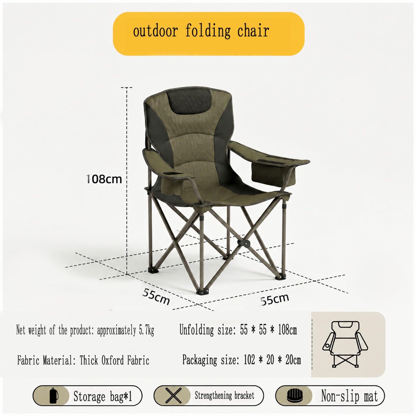 Chaise de Camping Pliable Surdimensionnée Portable avec Porte Gobelets et Accoudoirs Cadre Stable pour Extérieur Intérieur Camping Pêche Couleur Noir Gris B