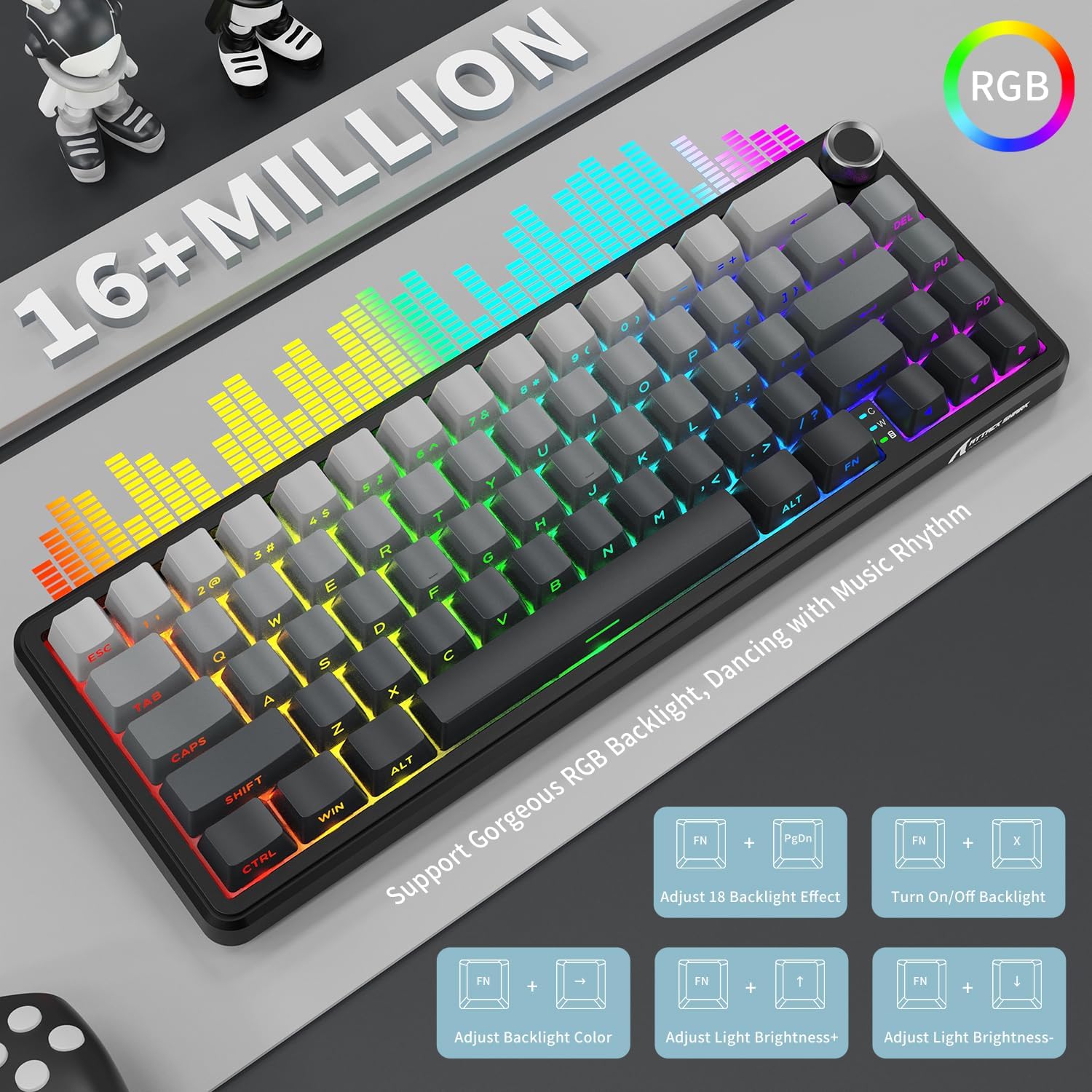 Diagram showing RGB lighting effects and control key combinations on the ATTACK SHARK X66 keyboard