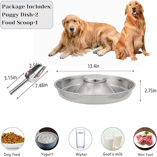 Miniatura 5 de Fhiny Paquete de 2 cuencos de acero inoxidable para cachorros, plato de alimentación para destete de mascotas con cuchara para camadas, mascotas,
