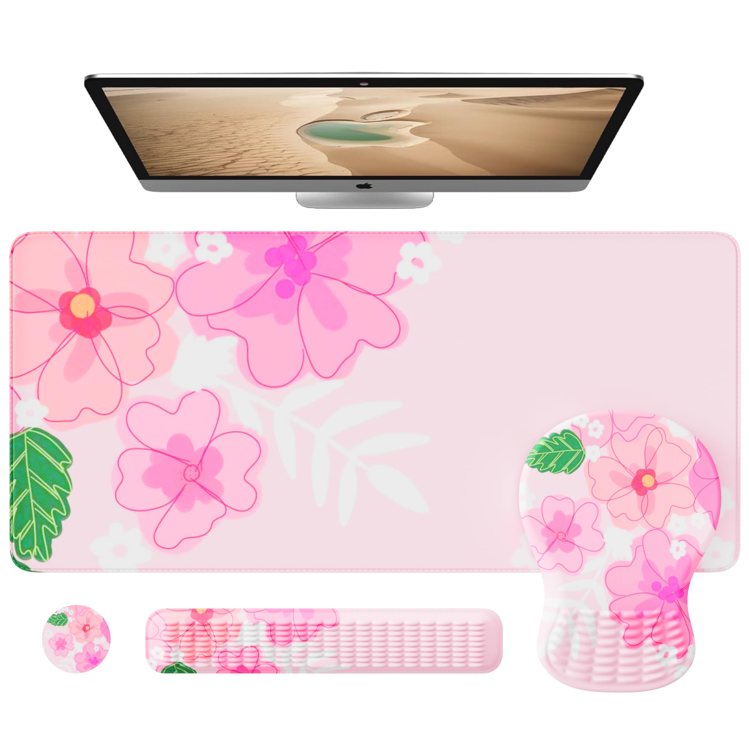 MEKASS Desk Mat Set, Large Mouse Pad and Keyboard Wrist Rest with Memory Foam & Non-Slip Base, 4-in-1 Ergonomic Mouse Pad Set for Home Office Computer (Pink Flower)