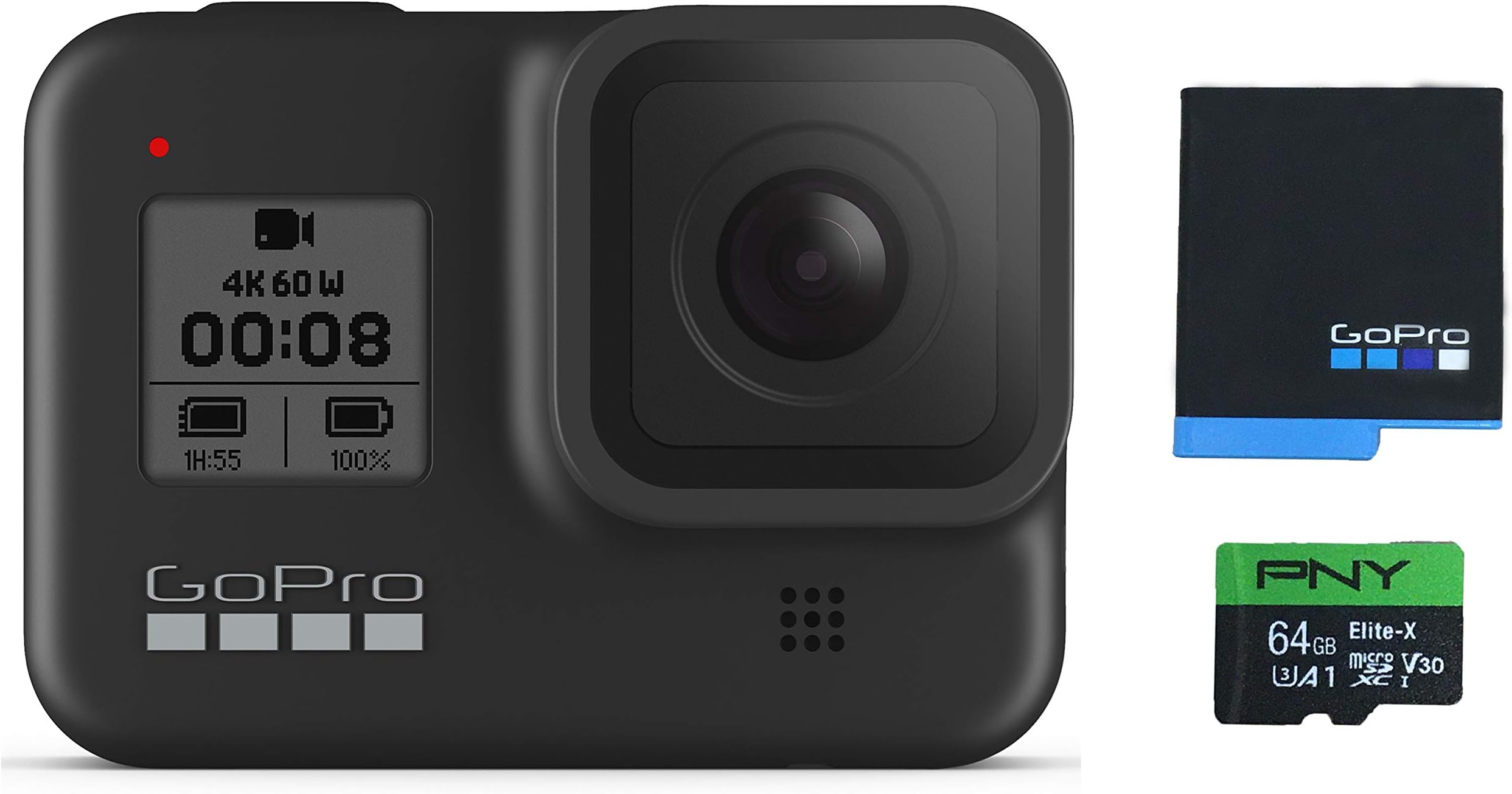 GoPro HERO8 Black Waterproof Action Camera with Touch Screen 4K Ultra HD Video 12MP Photos 1080p Live with Accessory Bundle - 1 Additional USA Batteries + PNY 64GB U3 microSDHC Card