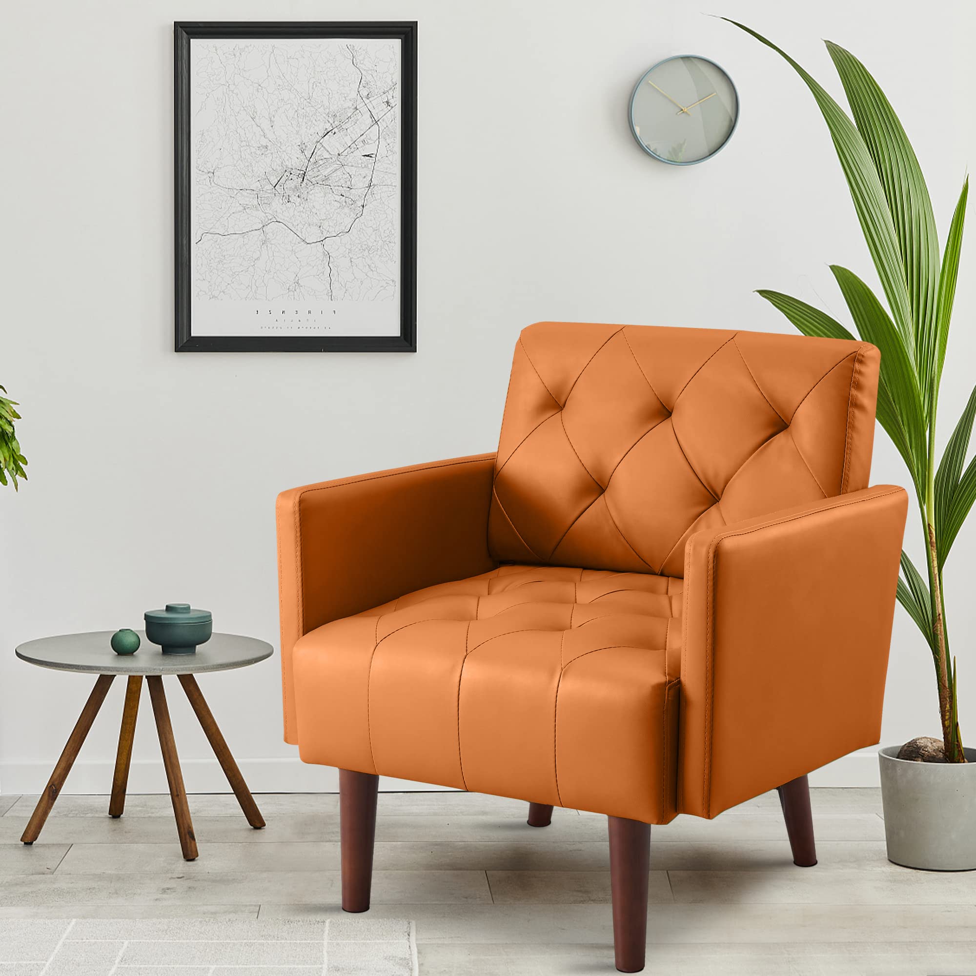 RXRRXY Faux Leather Accent Chair Modern PU Armchair, Retro Tufted Upholstered Arm Chair, Comfy Leather Club Chair Single Sofa for Living Room, Bedroom