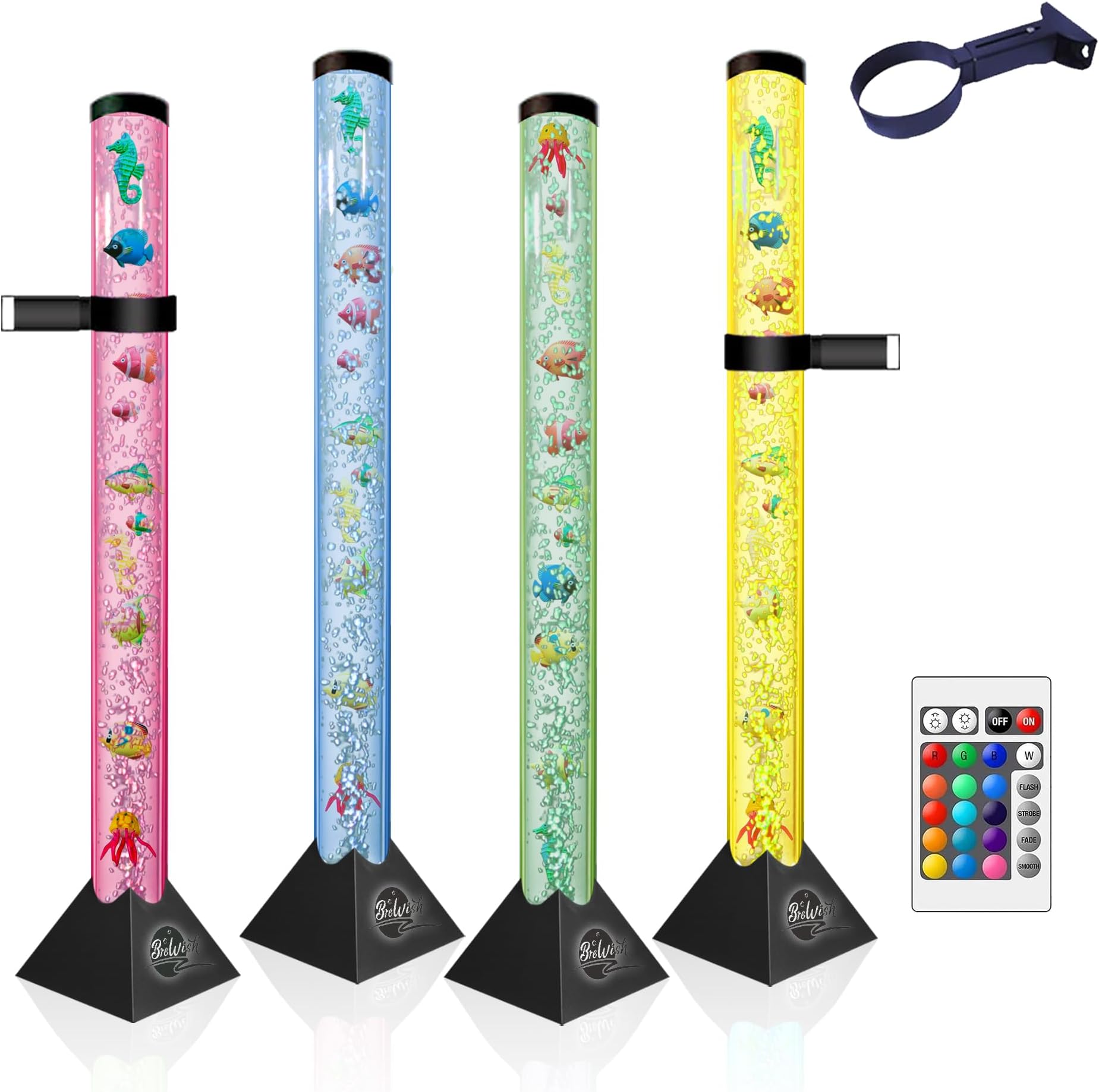 Brewish 4FT Sensory LED Water Bubble Fish Tube Floor Lamp with Wall Bracket, 16 Color Changing Light & 4 Modes, Fake Aquarium Night Light, Home Decor & Gift for Kids, Autism - Remote Control & 12 Fish
