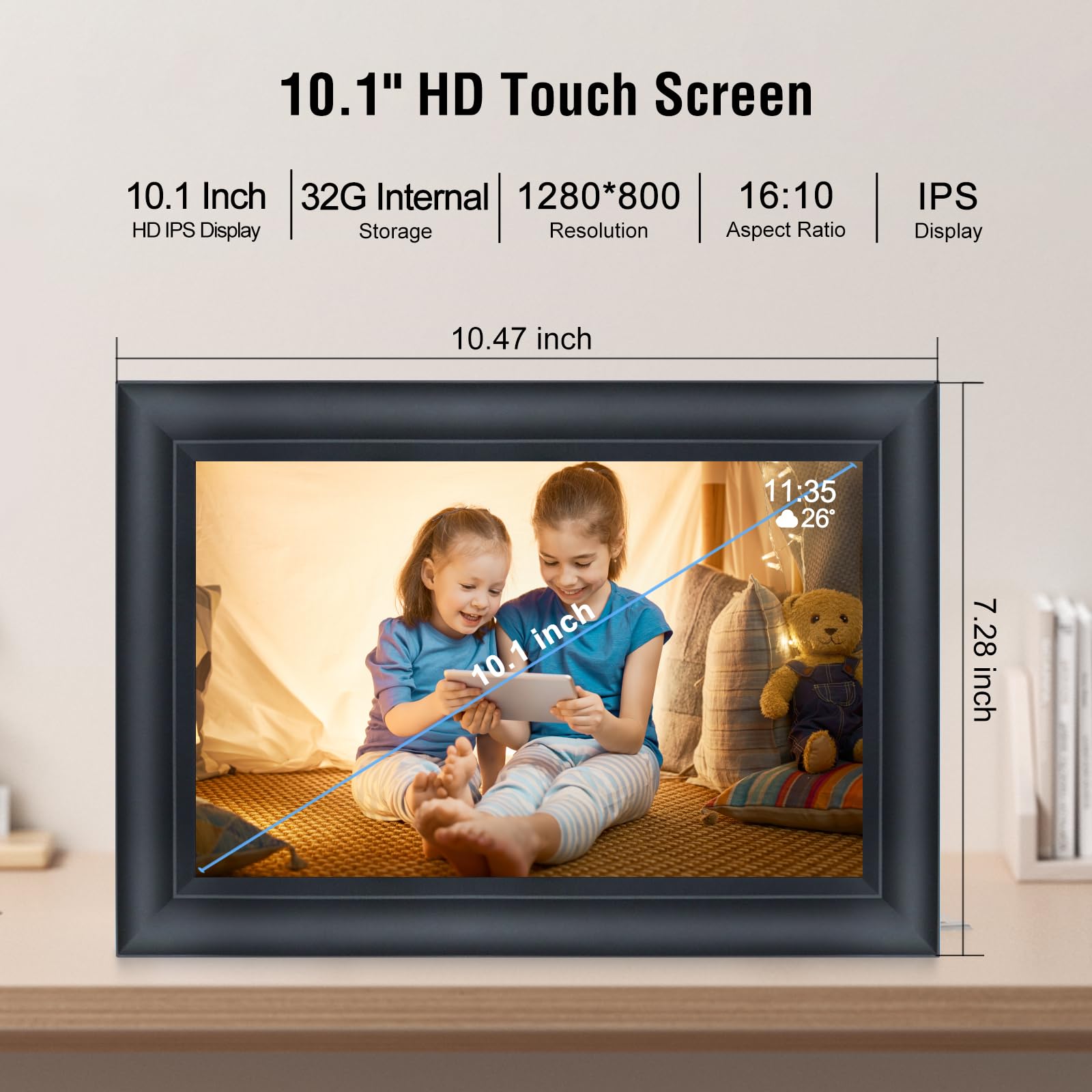 TSITSC 10,1 Zoll WiFi Digitaler Bilderrahmen, 1280x800 HD IPS Touchscreen Elektronischer FotoRahmen mit 32GB Speicher, Auto-Rotate, Fotos/Videos sofort über Frameo APP Teilen