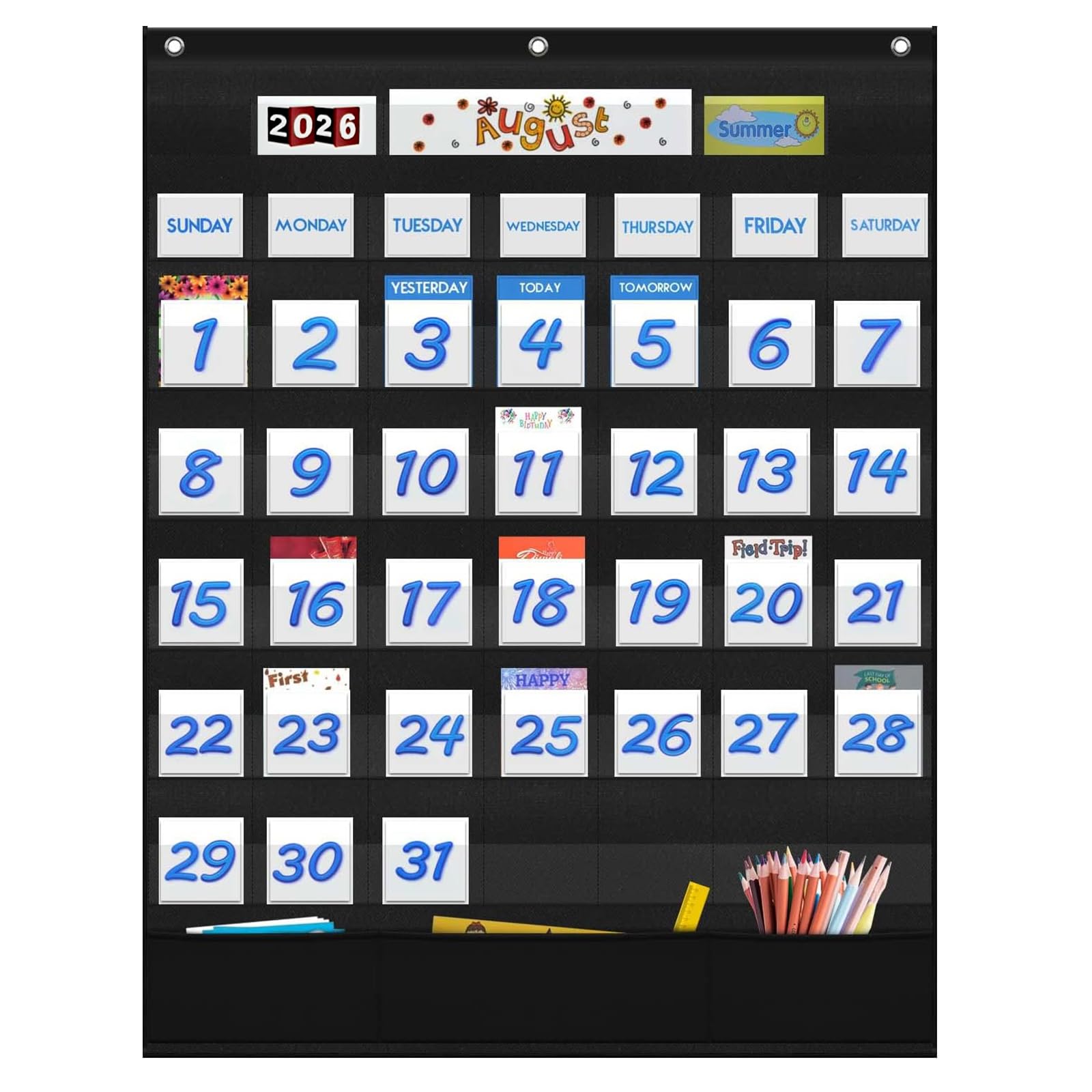 Eamay Calendario mensile in aula con 43 tasche, 3 tasche portaoggetti per facile parete o supporto grafico (nero)