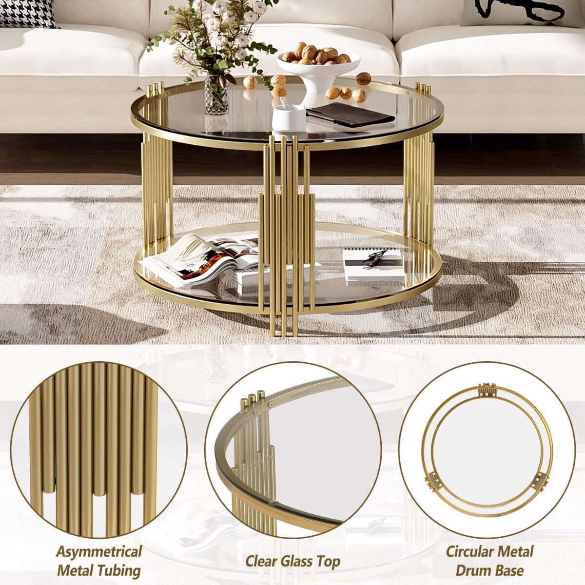 Modern Glass Coffee Table in 31.5", Asymmetrical Metal, Circular Metal Drum Base, Gold Finish & Lower Shelf, Transparent