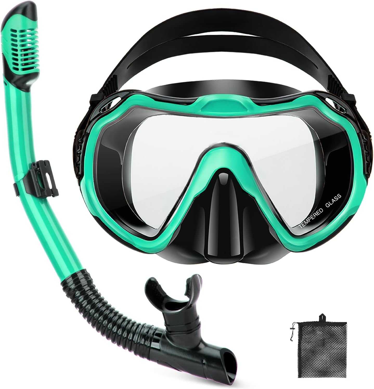 Snorkeling Gear for Adults, Adult Snorkel Set with Panoramic Anti-Leak and Anti-Fog Tempered Glass Snorkel Mask, Dry Top Snorkel, Snorkle Mask Set Adult with Mesh Bag Ear Plug for Snorkeling