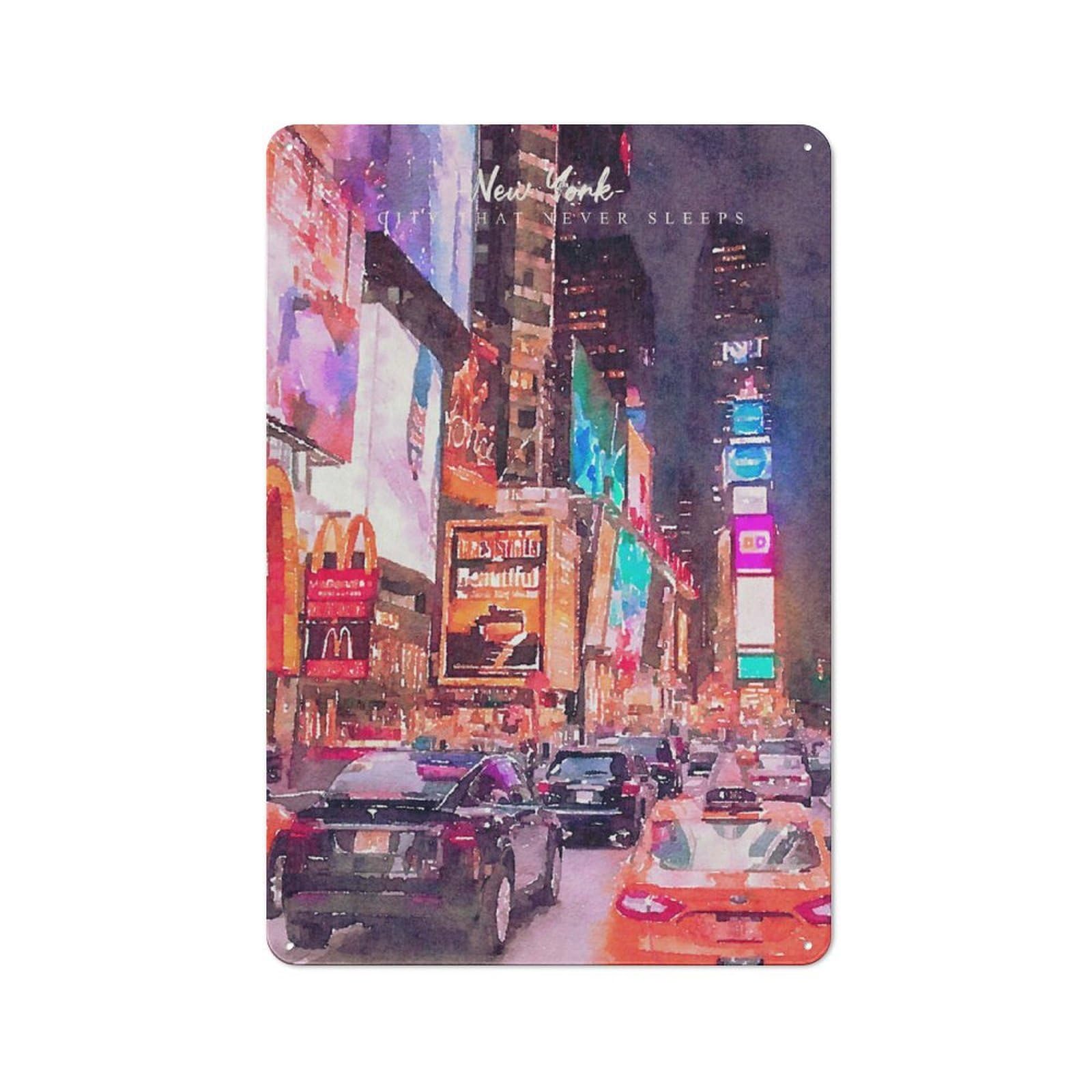Junmoney Watercolor Night Nyc Tin Wall Plaque 30X20cm With For Man Cave Or Games Room, A New Home Present For Leisure-Room Decor Enthusiasts