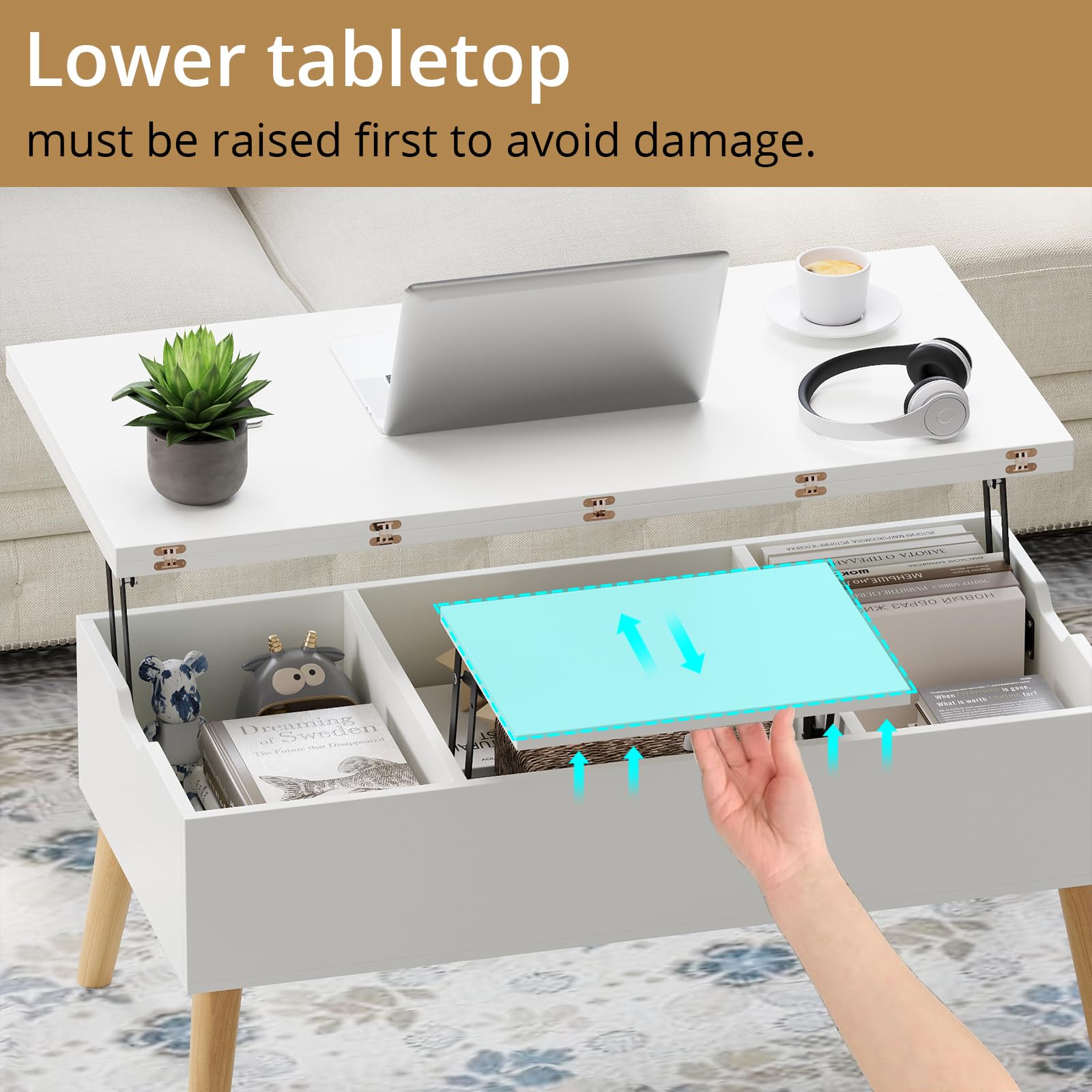 VOWNER Mesa Centro Elevable, 3 en 1 Mesa de Salón Multifuncional, Extensible, Convertible de Comedor de Salón, 100L x 100W x 72H cm, Blanca