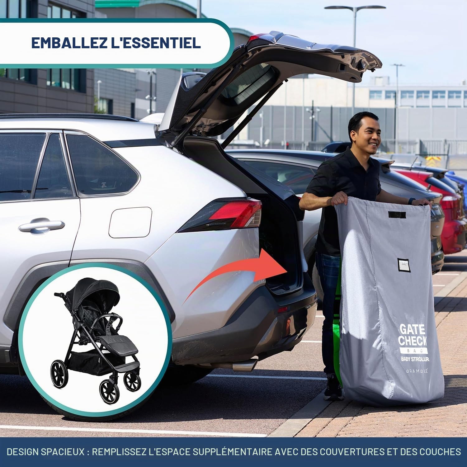 BRAMBLE - Grande Housse de Poussette pour Avion - Housse de Transport imperméable pour Poussette et Landau (Gris)