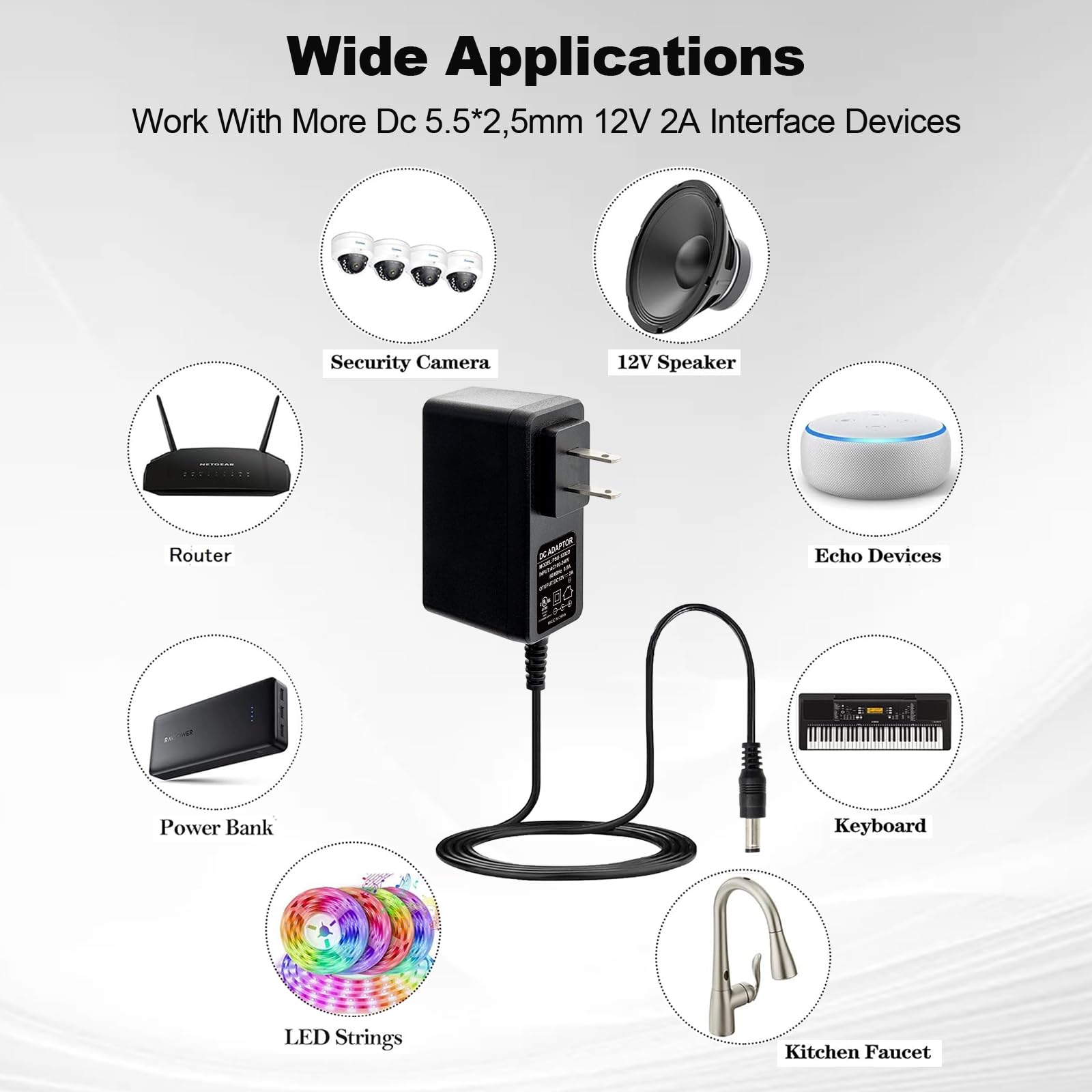 Alimentatore di ricambio con 9 punte, 12 V, 2 A, CA 120 V a CC 12 V, 2000 mA, cavo di alimentazione per striscia LED, telecamera CCTV, altoparlante BT, GPS, webcam, router, trasformatore DC12V,