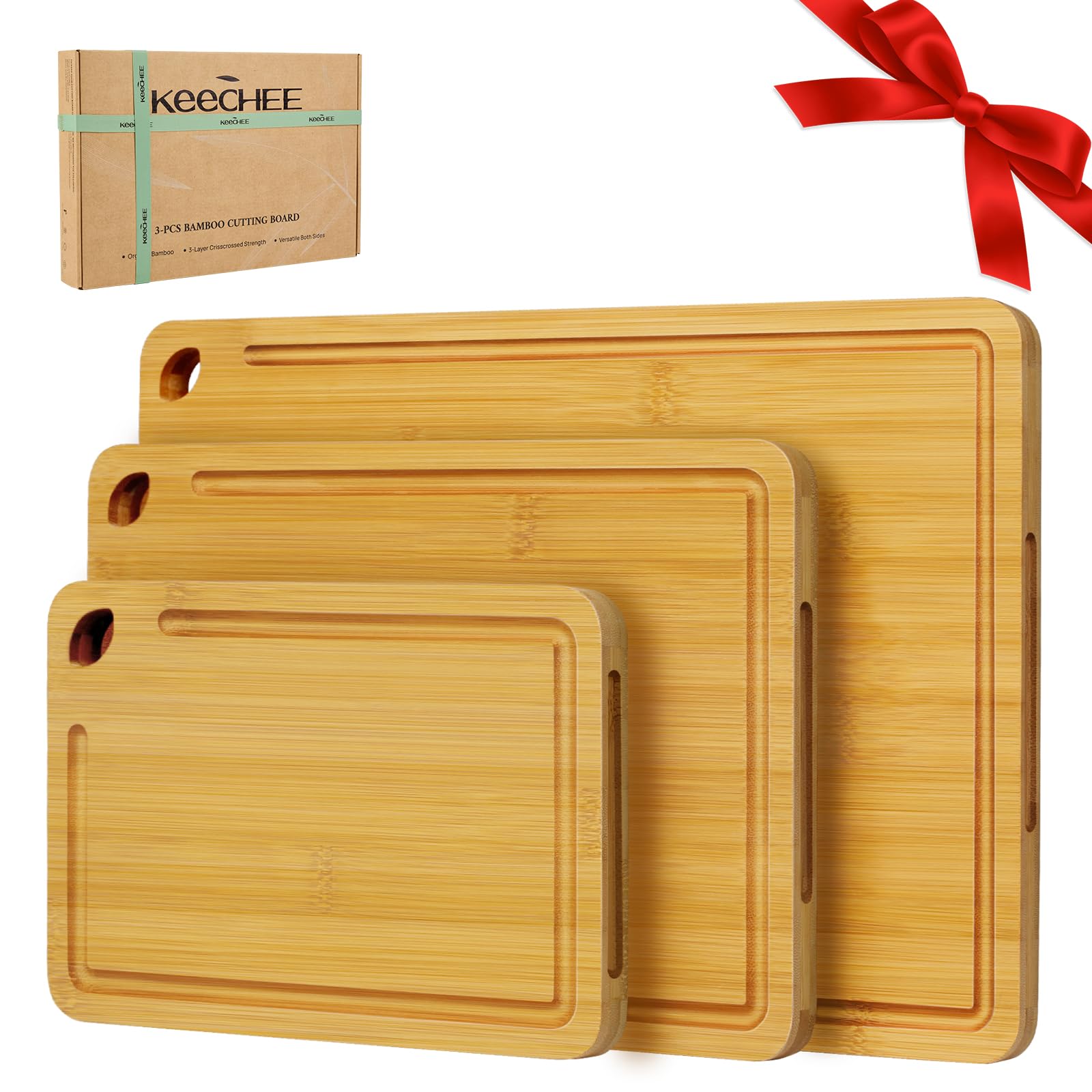 Keechee Wood Cutting Board for Kitchen - Reversible Bamboo Cutting Boards Gift Set of 3 with Juice Groove, Wooden Chopping Board for Meat, Fruit, Vegetables Cheese (Pre Oiled, Natural)