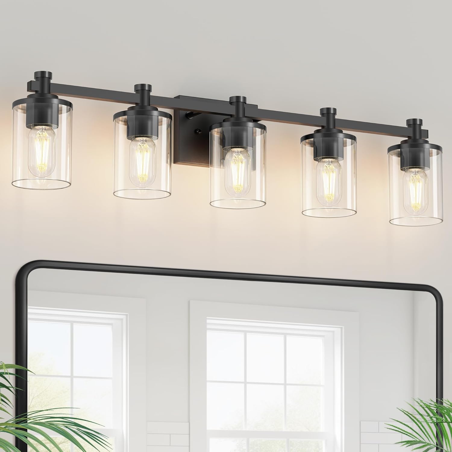 L LOHAS LED 5 Light Bathroom Vanity Light, Black Bathroom Light Fixture Over Mirror, Modern Lighting Fixtures with Clear Glass Shade, Vintage Vanity Lights for Bathroom Mirror, No Assembly, ETL