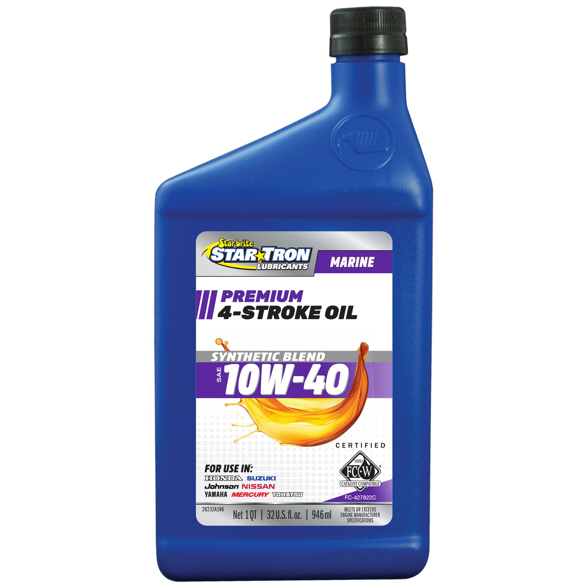 STAR BRITE Star Tron Premium 4 Stroke Marine Oil - 10W-40 Synthetic Blend Engine Oil for Outboards, Gasoline Inboards & Stern Drives - NMMA FC-W Certified, 32 OZ (028232)