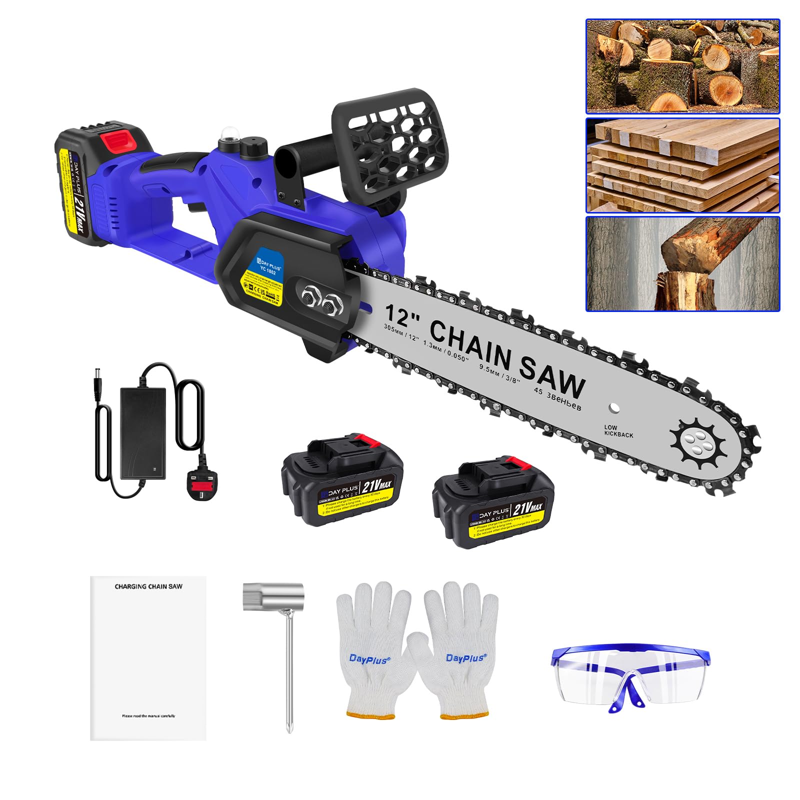 Cordless Chainsaw, Brushless Motor, 21V Portable Chainsaw with 2x1500mAh Battery,1 Chain, Suitable for Tree, Branch and Wood Cutting (Blue) — image 1