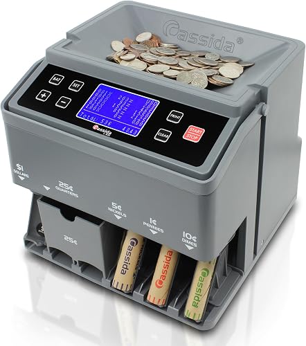 Cassida C300 Professional USD Coin Counter, Sorter and Wrapper/Roller, 300 Coins/min, with Quickload and Printing-Compatible, Gray | 300 coins/min, Hopper: 1,900 Coins, LCD Display, Businesses, Laundromats, Casinos, Arca