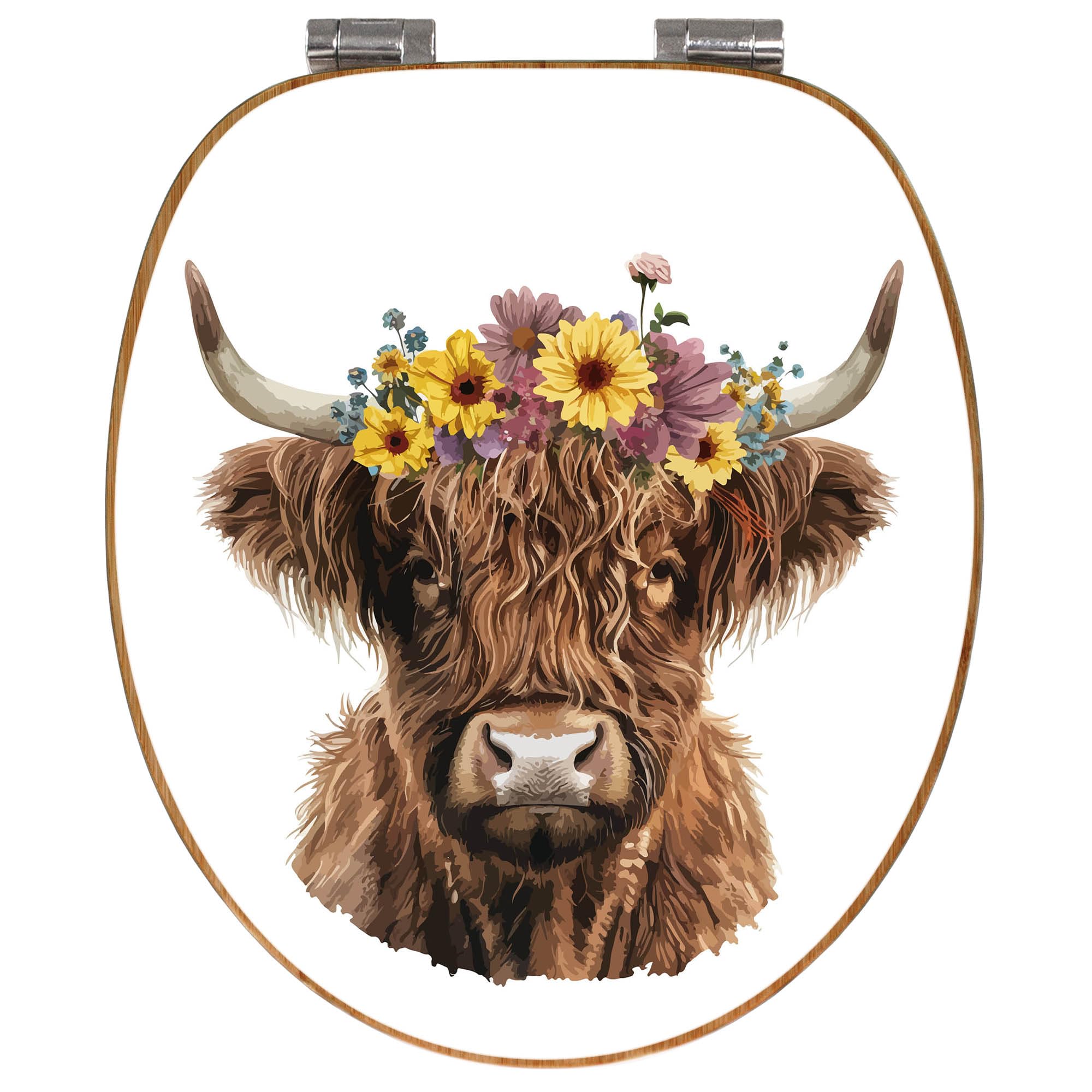 banjado Design WC Sitz Bambus Absenkautomatik 45,8x37,5cm - Toilettendeckel mit Absenkautomatik Holz - hochwertiger Bambus Klodeckel - WC-Sitz für gängigen Toiletten - Motiv Hochlandkuh mit Blumenkron