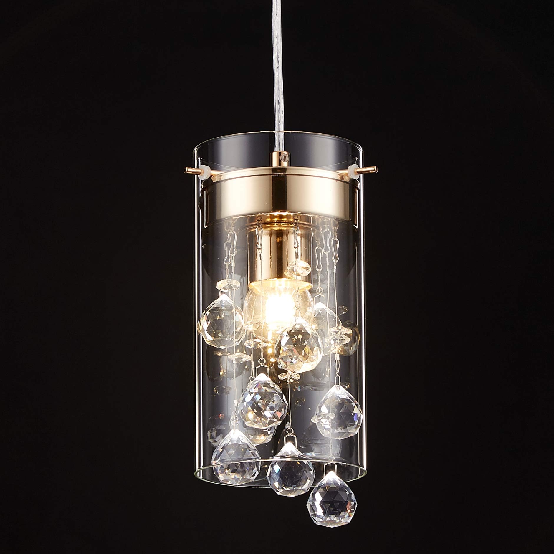 Modern Gold Crystal Pendant Light Adjustable Glass Hanging Light Fixture 1-Light Glass Beads Ceiling Light for Dining Room Kitchen Island Living Room Restaurants