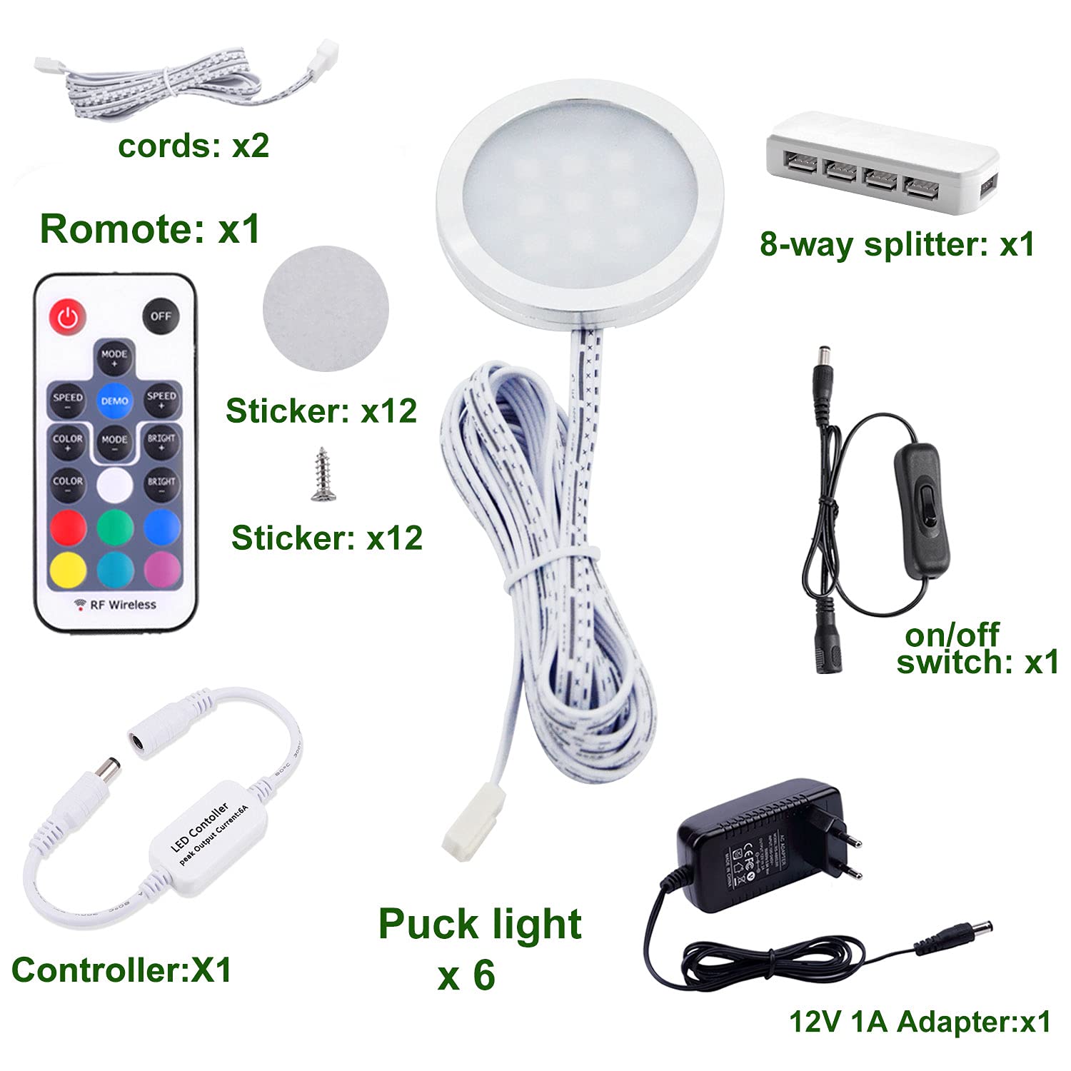 AIBOO RGB LED Lampe Sous Meuble Cuisine avec Télécommande RF Sans Fil, Ultra Slim Encastré 12V 12W, Paquet de 6