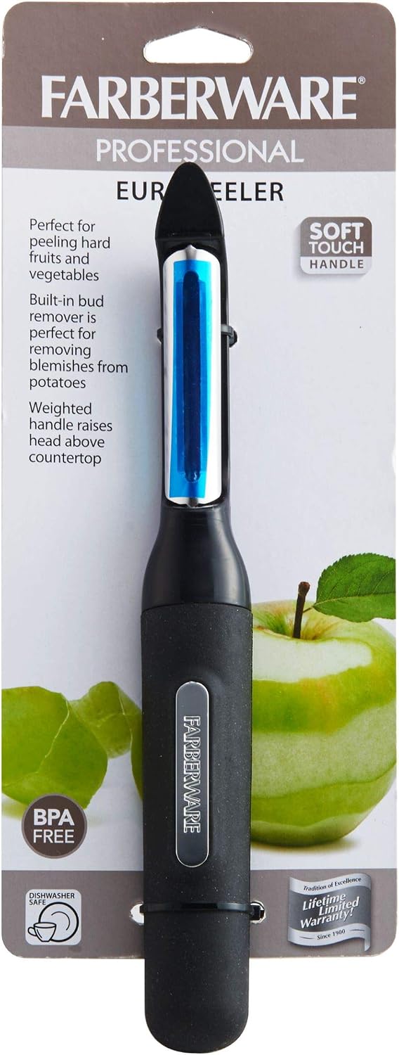 Farberware Professional Soft Handled Precise Euro Vegetable Swivel Peeler with Potato Bud Remover, Sharp Straight Blade Smoothly Peels Fruits 8-Inch, Black
