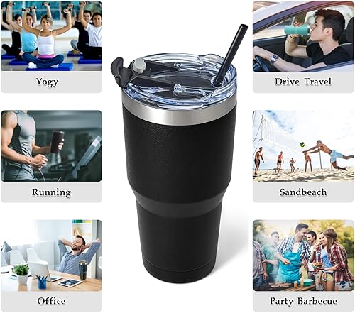 Miniatura 6 de Zibtes Vaso aislado de 30 onzas con tapa y pajitas, vaso de café de acero inoxidable con doble vacío, taza de viaje con recubrimiento en polvo para