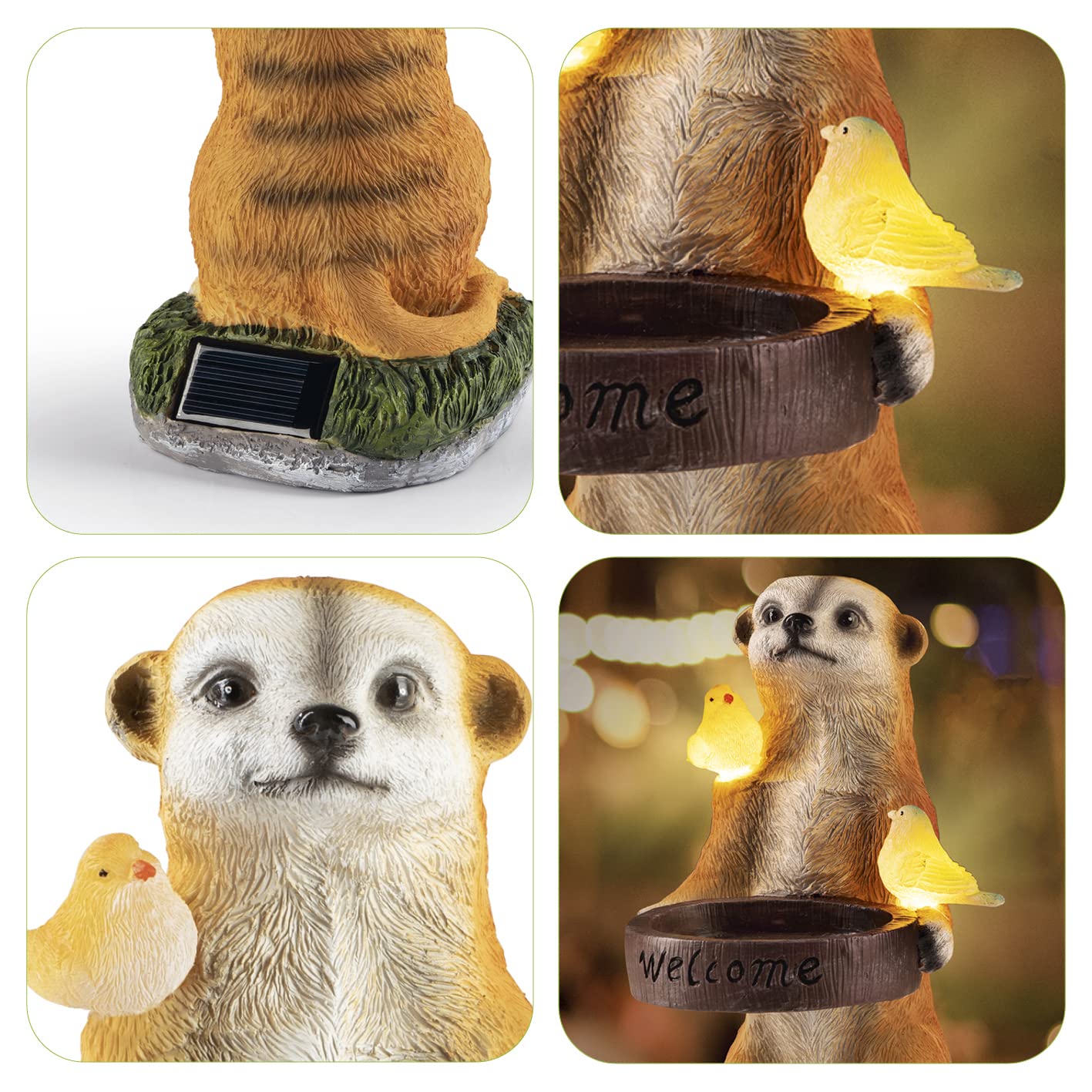 EASYmaxx Solaire Del Suricate avec Bain pour Oiseaux | sans Fil avec capteur Automatique de lumière | Fidèle aux détails | Décoratif pour Jardin, Balcon, terrasse | Durée d'éclairage de 8 Heures