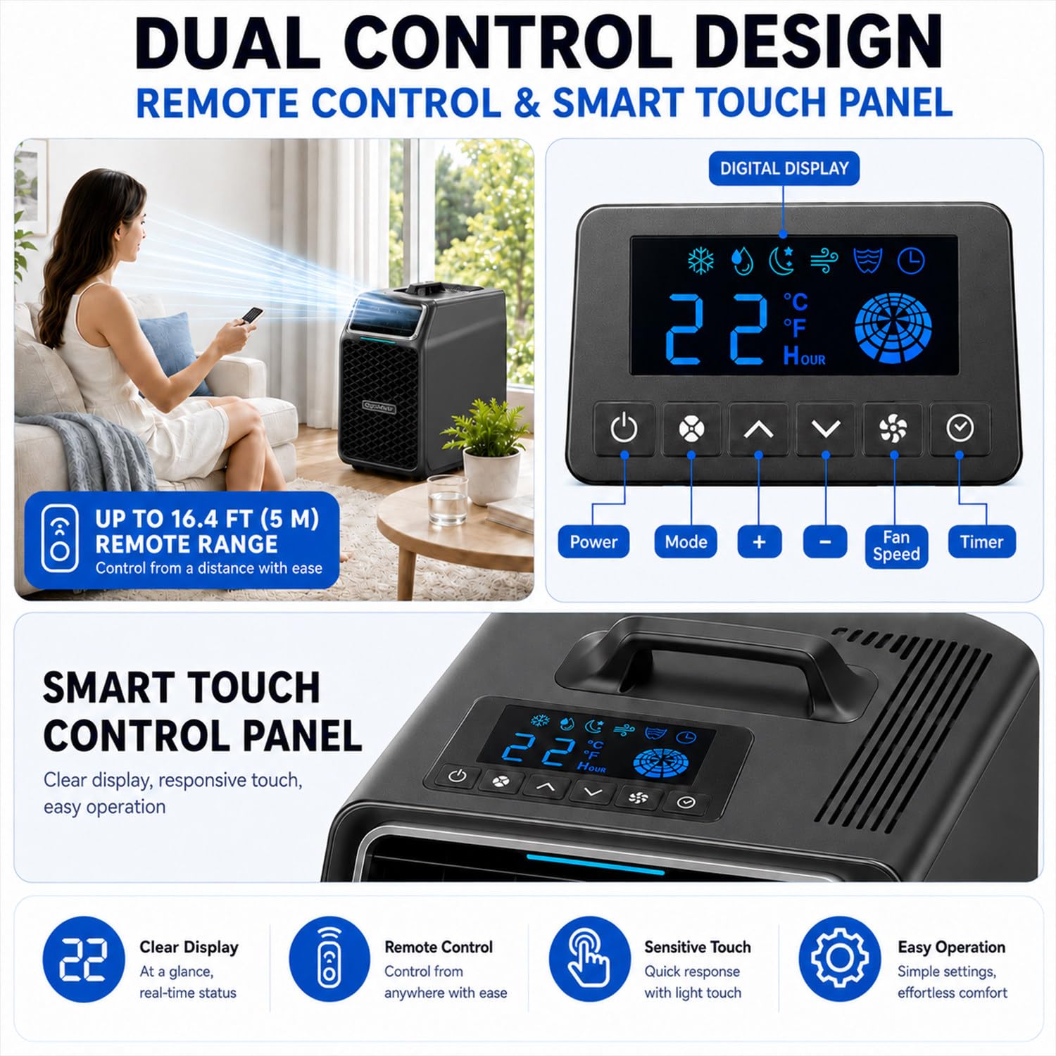 Aire Portatil,Mini Aire Acondicionado,Aire Acondicionado Caravana | Doble Método De Control, Con Pantalla LED, Temperatura Ajustable De 16 a 30 °c, 5000 Btu, Para Oficinas En Casa Y Estudios