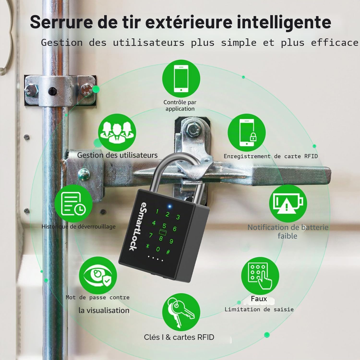 Cadenas à combinaison avec code numérique et clé NFC, RFID, eLinkSmart résistant aux intempéries, pour casier, portail, clôture, 1 000 utilisateurs de l'application, téléphones portables ou iOS Watch