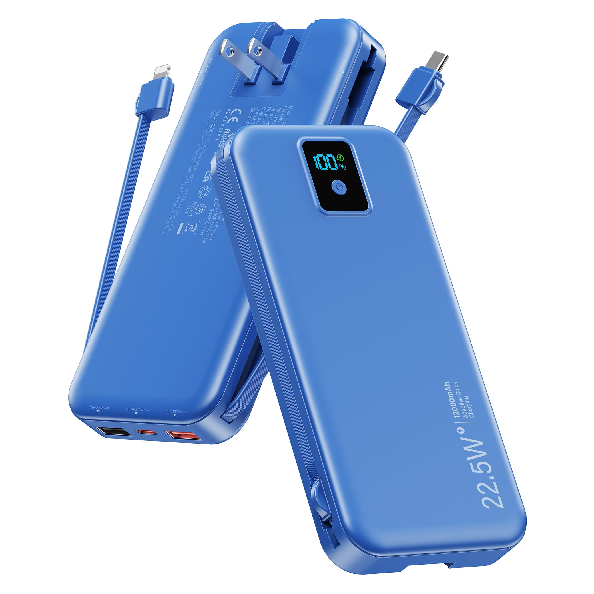 Portable Charger 12000mAh 22 5W Fast Charging Power Bank with Built-in Cables Wall Plug Travel Essentials Battery Pack