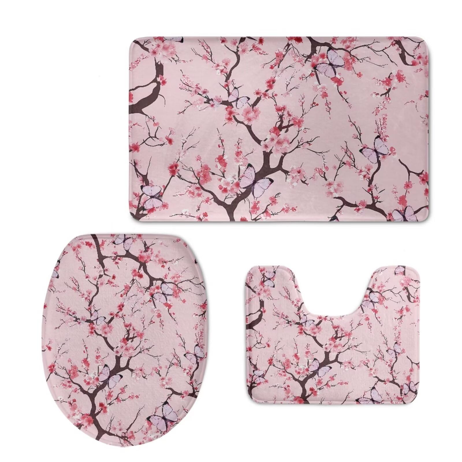 CREAMIC Cherry Blossom 3 Piece Bathroom Rug Set Toilet Cover and Rug Set Toilet Lid Cover Set with U-Shaped Rug Non-Slip Bathroom Floor Mat Toilet