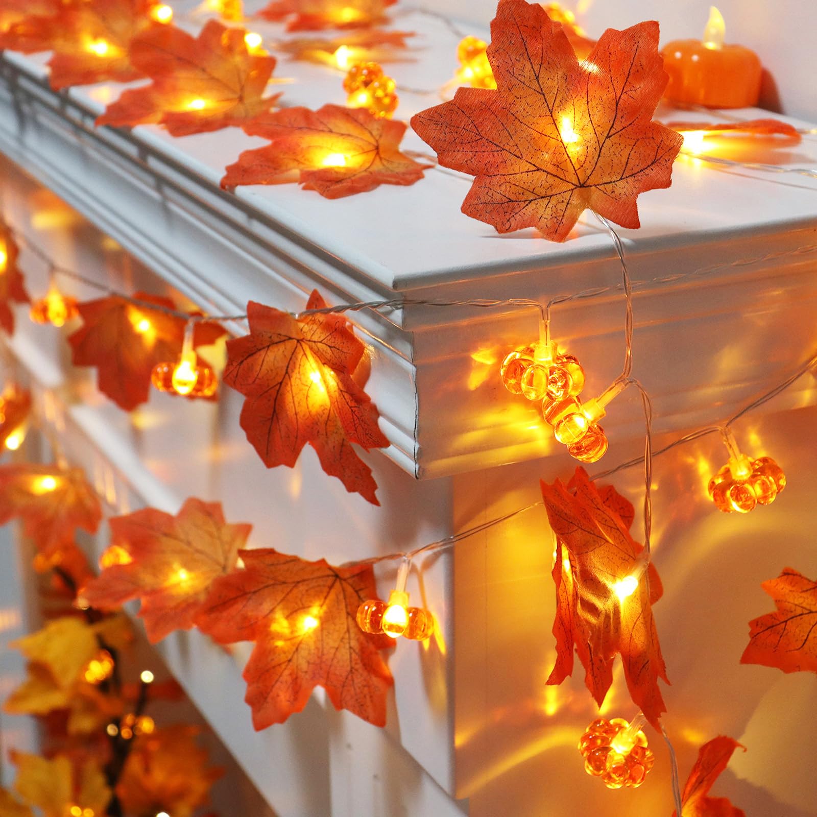 2 Pack Fall Decorations for Home Maple Leaf Pumpkin Lights, Total 20Ft 40 LED Battery Operated 3D Pumpkin Fall Leaves Garland String Light for Mantel Porch Indoor Outdoor Halloween Thanksgiving Decor