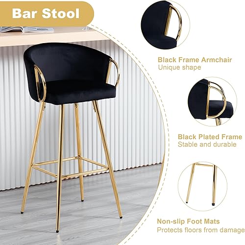 Miniatura 4 de Juego de 4 taburetes de bar de 30 pulgadas, taburetes de bar de altura de mostrador con respaldo tapizado de terciopelo con patas doradas, taburete