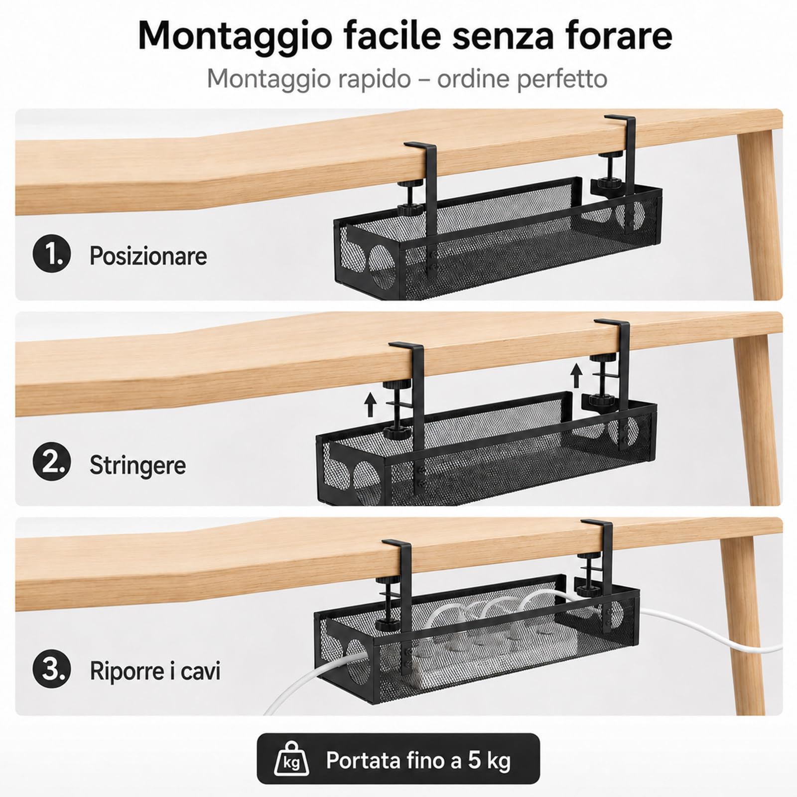 Gestione cavi per scrivania, vassoio per la gestione dei cavi per scrivania, vano per la gestione dei cavi sotto la scrivania senza forare con morsetto, spazio sotto la scrivania per ufficio, casa