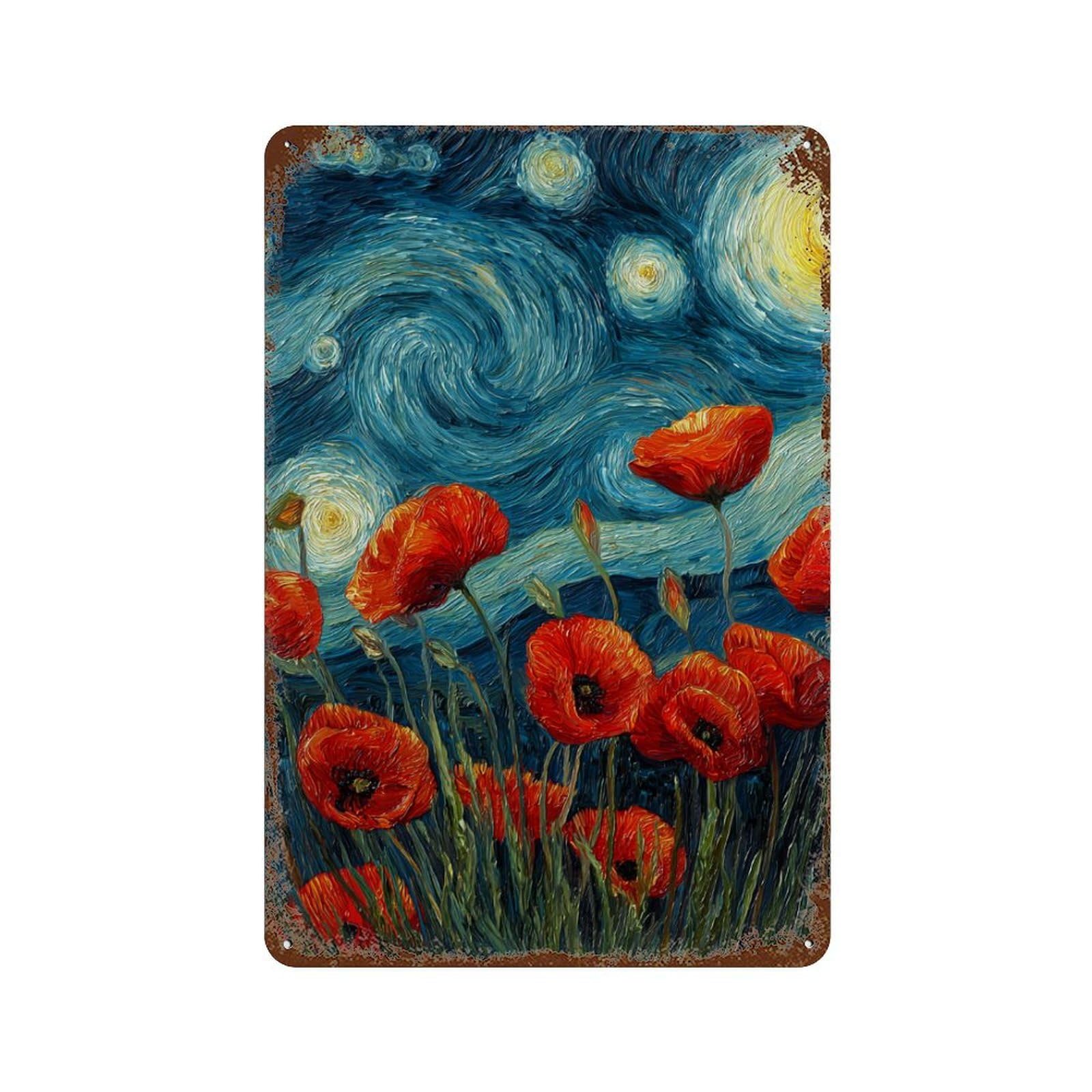 Starry Night Poppies -5 Weathered Tin Sign 11.8"x7.9", Classic Wall Plaque for Patio, Garden Room And Bar Decor