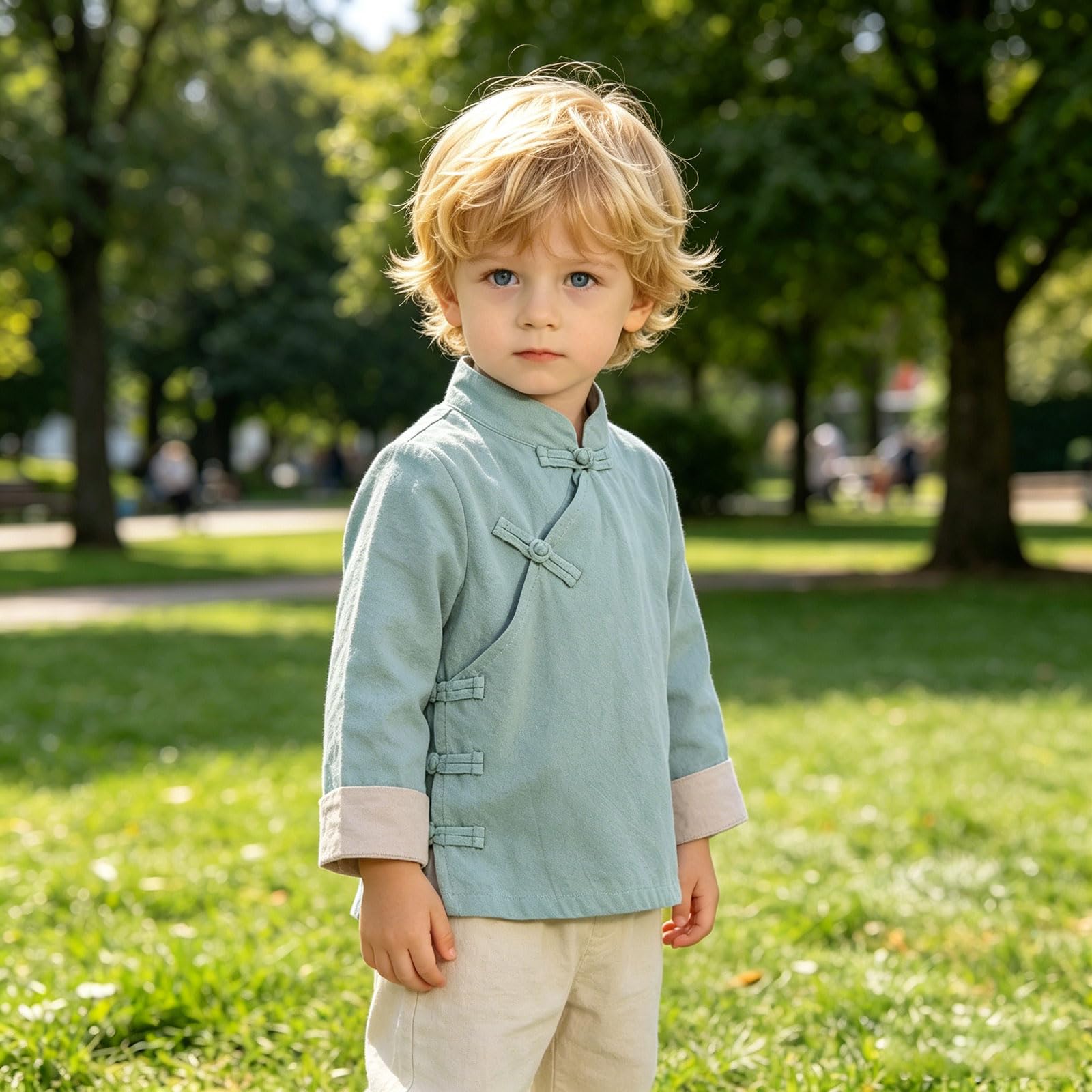 Générique Tenue traditionnelle pour enfant garçon et fille, vestechinois classique en tissu coton lin léger confortable, loisirs, anniversaires, fêtes et toutes occasions festives familiales