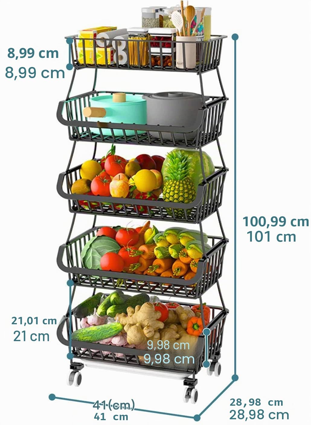 CarolynDesign Paniers de Rangement de Cuisine en Fil de Fer Noir avec roulettes et Pieds, paniers de Rangement empilables pour légumes