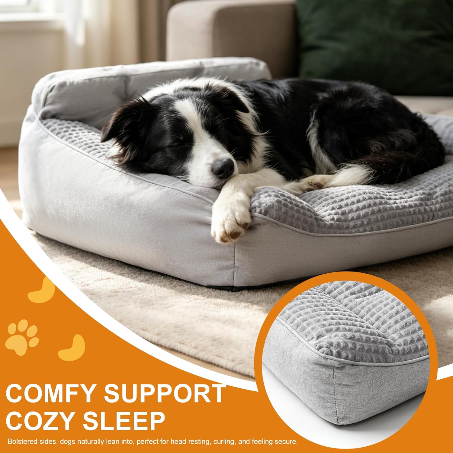 XL Orthopedic Dog Bed for Large Dogs up to 100 lbs,47" x 35" Washable Plush Dog Crate Bed with Bolster, Non-Slip Pet Bed for Joint Pain Relief