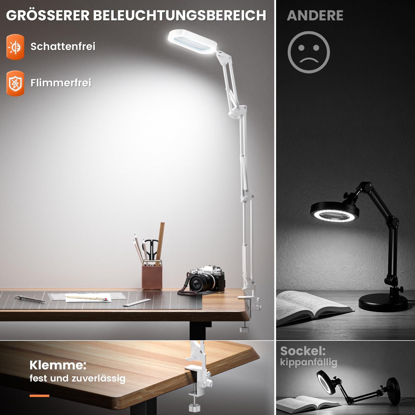 10X Rechteckige Lupe mit Licht und Klemme, Weiß Lupenlampe mit 5 Farbmodi | Teleskopverstellung, Freisprechfunktion, Große Lupe mit Licht und Ständer für Lesen, Handwerk, Feinarbeiten