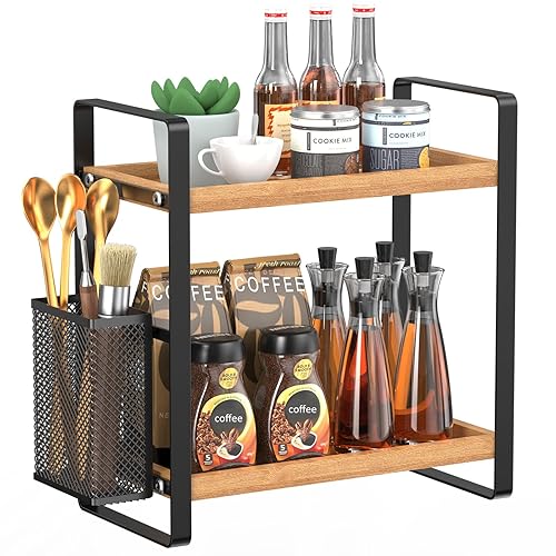 LEMIKKLE 2-Tier Coffee Bar Organizer With Basket,Wooden Counter Shelf for