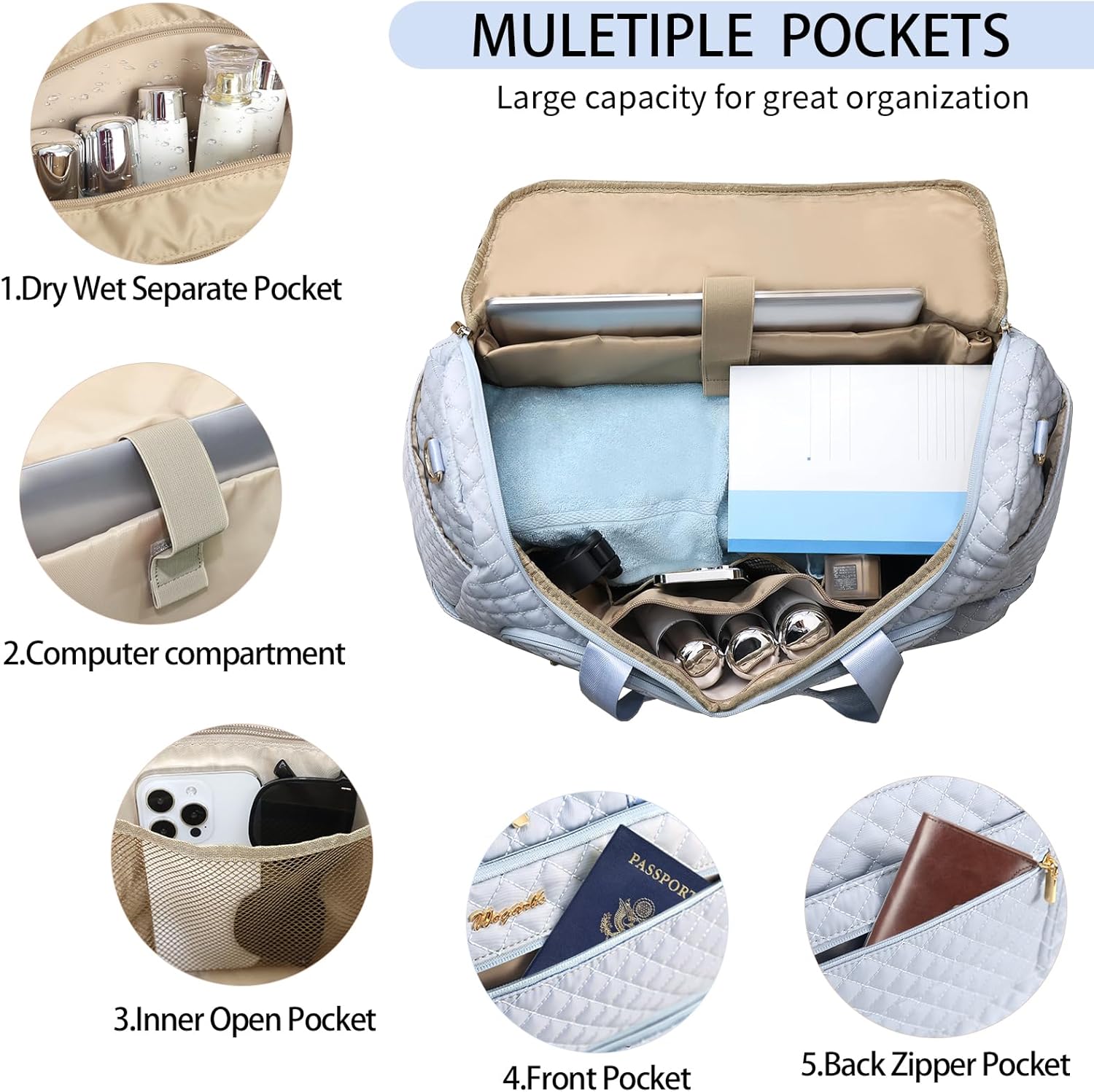 Wogarl 3PCS Weekender Bags for Women Large Overnight Bag Weekend Travel Duffel Bag Carry on Shoulder with Shoe Compartment Canvas Toiletry Bag for Travel Business Gym,Sky Blue