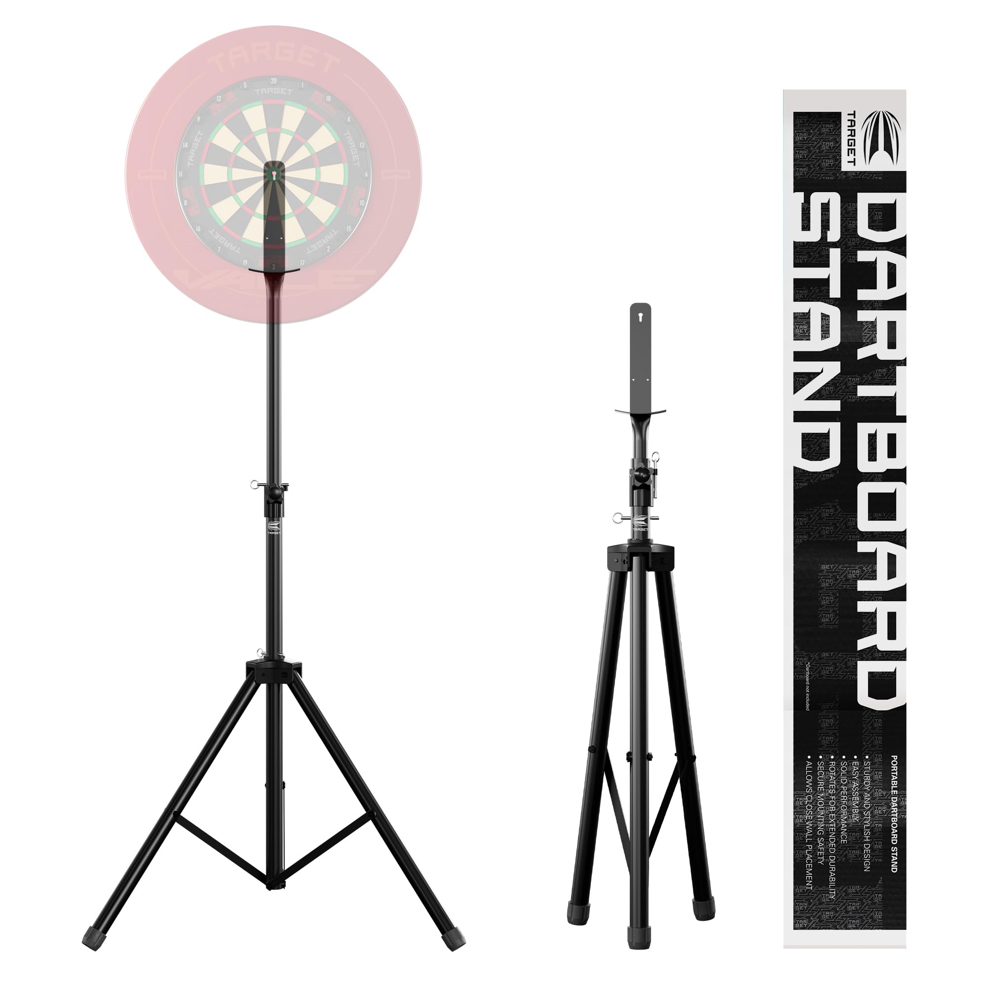 TARGET Darts Supporto portatile per bersagli da freccette | Supporto mobile per bersagli da freccette a treppiede, sistema a libero posizionamento con supporto per bersagli, per interni ed esterni