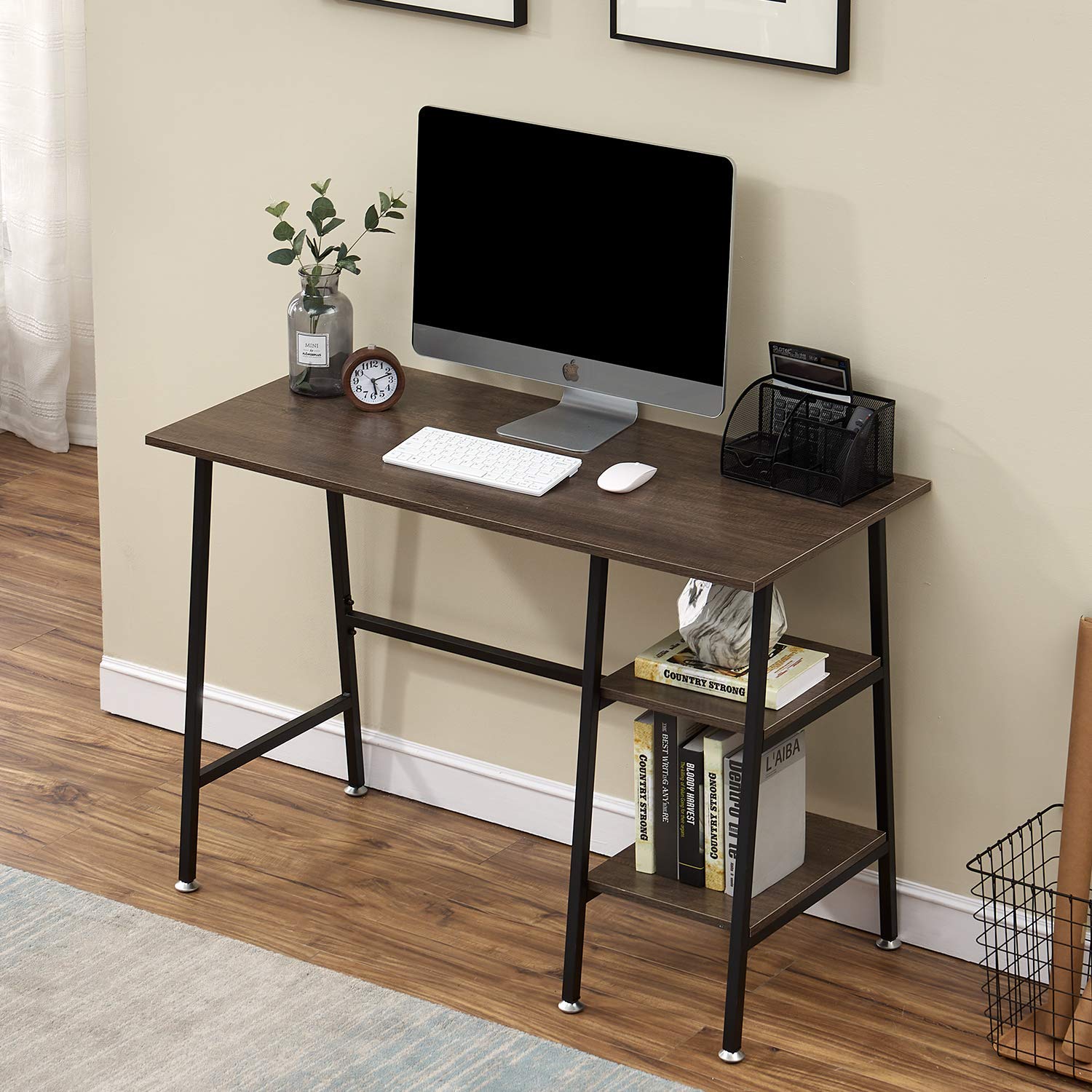 VECELO Computer Desk Study Writing Wooden Table with 2 Tier Storage ...