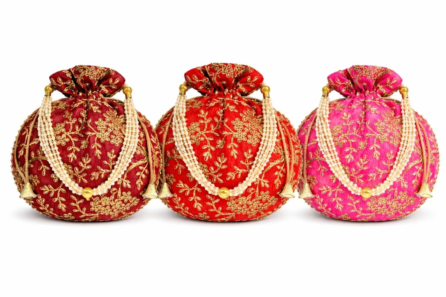 JDDCART Embroidered Wedding Return Gift Potli Bags Wrist Carry Set of 3 for Women and Girls Red, Rani and Maroon Round 9 inch X 8.5 inch Handbag-image-2
