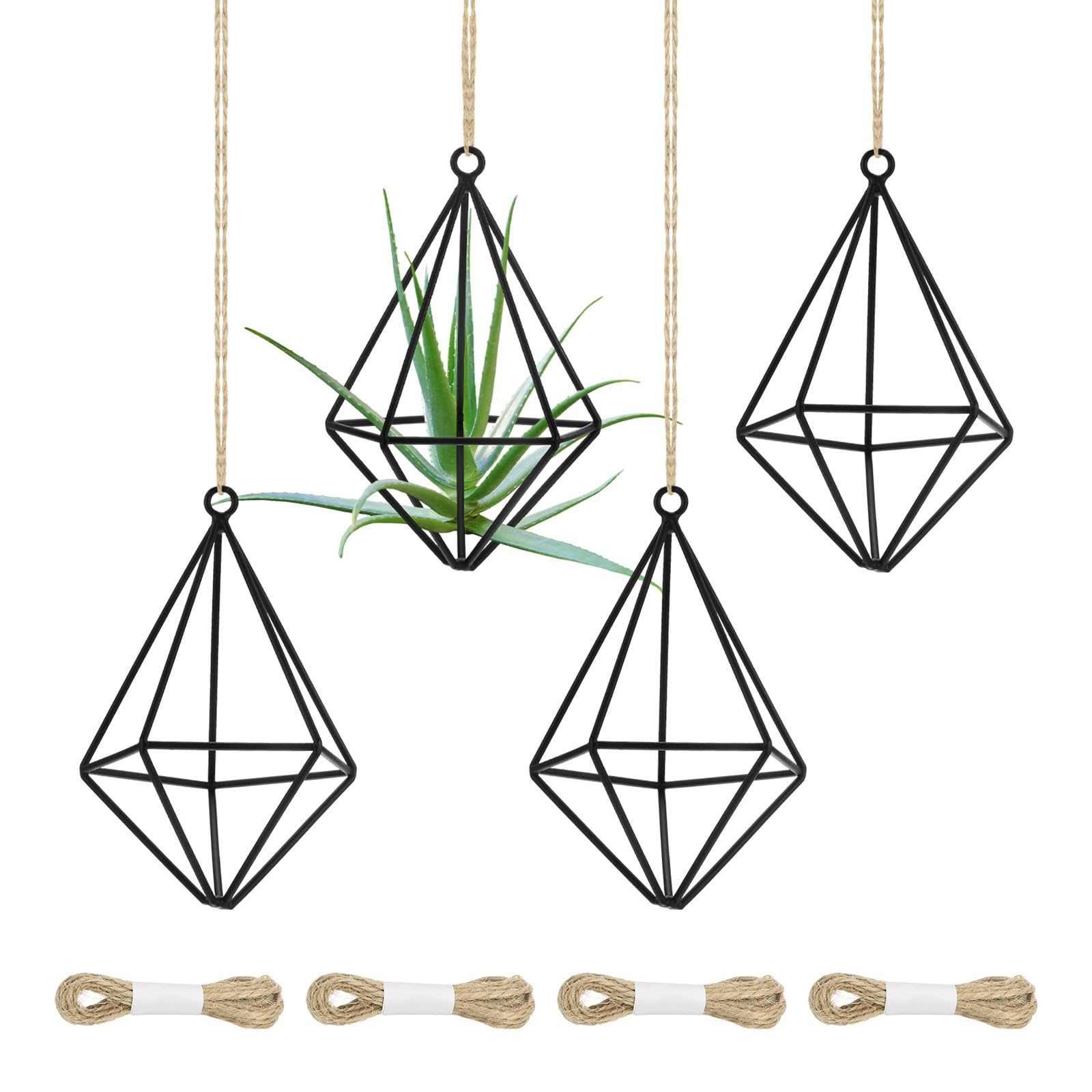 M METERXITY 2-Pack Hanging Air Plant Holders, Pentagonal Metal Geometric Hanging Tillandsia Holder with Rope for Home Decor/Small Indoor Outdoor Plant [Black, 4.8" H]