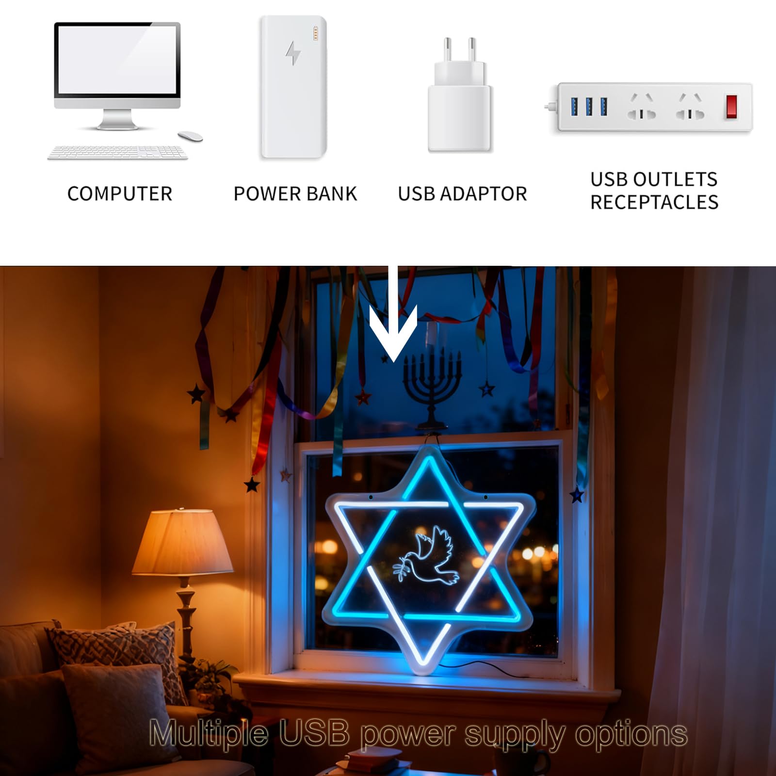 Star of David Hanukkah - Insegna al neon a LED, decorazione per la casa, decorazione da parete Happy Hanukkah, alimentata tramite USB, regalo per le vacanze della Menorah ebraica in camera da letto