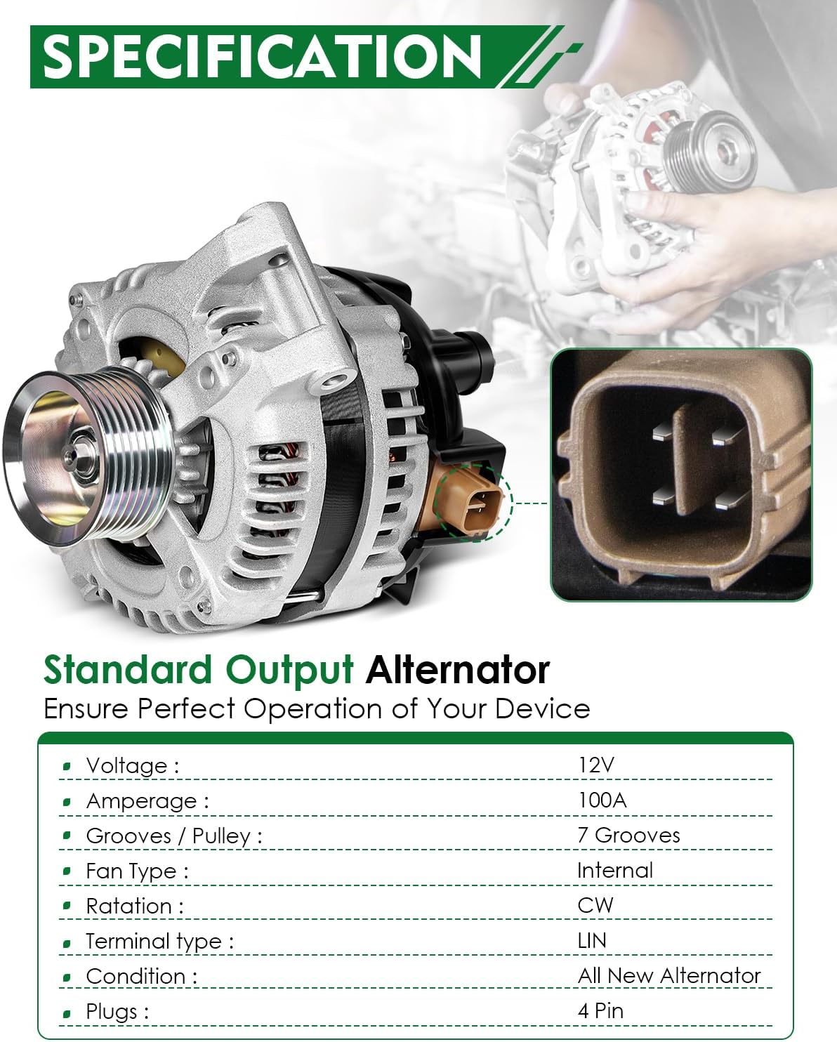 Alternator for:-Honda Accord 2003-2007 2.4L, Element 2003-2009, Civic Si 2006-2010 2.0L, CRV 2007-2009 for:-Acura TSX CSX, 100Amp 7-Groove CW, OE# 31100-RAA-A01, 13980N, 400-52103R (NEW)
