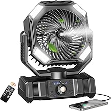 SWEETFULL Portable Fan with Mist, 20000mAh Battery Powered Misting Fan Rechargeable with 300ml Water Tank & LED Lanter, Remote Auto Oscillating Table Fan with Hook for Travel Tent Beach (Black)