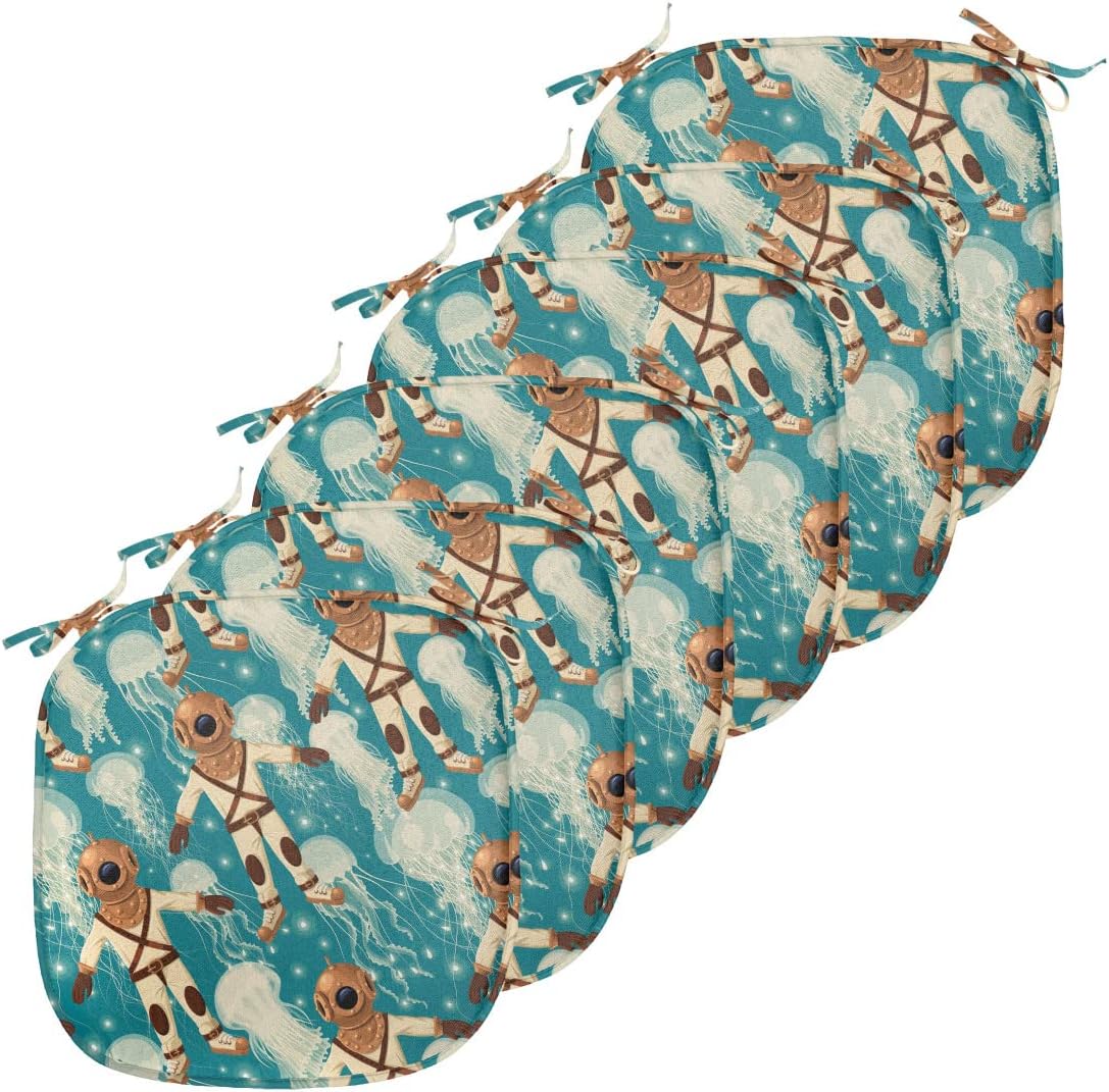 Lunarable Jellyfish Chair Seating Cushion Set of 6, Vintage Diver Suit Pattern Jellyfish at The Background Water Sports Tile Theme, Anti-Slip Seat Padding for Kitchen & Patio, 16"x16", Teal Brown
