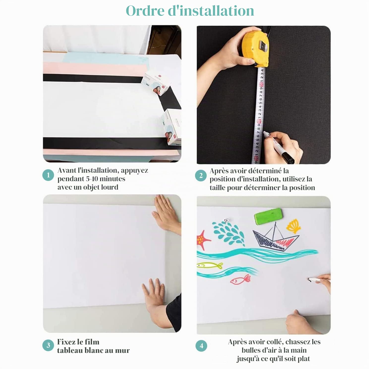 Tableau blanc adhésif magnétique, 60 * 100cm effacable tableau magnetique mural, utilisé pour tableau semainier/tableau blanc pour enfants/magnet frigo，incluent effaceur, feutre et aimants