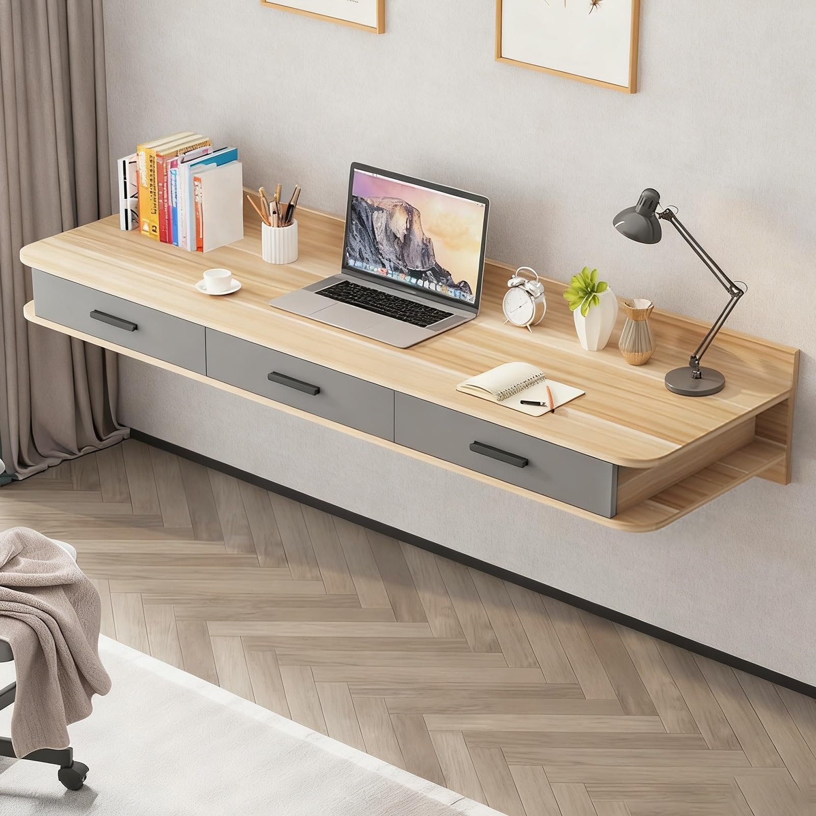 Tavolo da Trucco con cassetti, Tavolo da toeletta a Parete, mobiletto Contenitore, mensola Multiuso a Parete per Camera da Letto, Bagno e Parrucchiere (Grigio, 140 cm/55,1 Pollici)